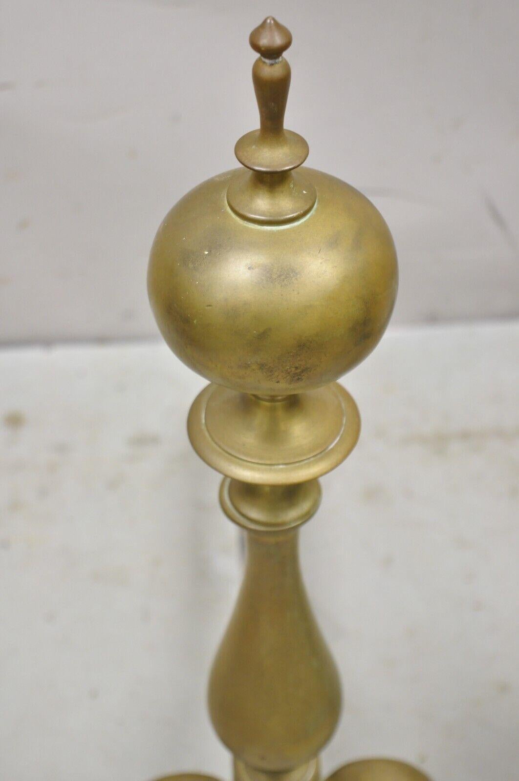 Antique Federal Brass Cannonball Cast Iron Fireplace Hearth Andirons, a Pair In Good Condition For Sale In Philadelphia, PA