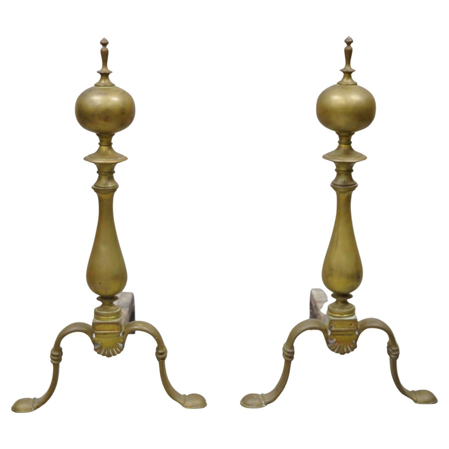 Antique Federal Brass Cannonball Cast Iron Fireplace Hearth Andirons, a Pair For Sale