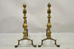 Antique Federal Brass Spiral Twist Finial Branch Leg Ball & Claw Andirons - Pair