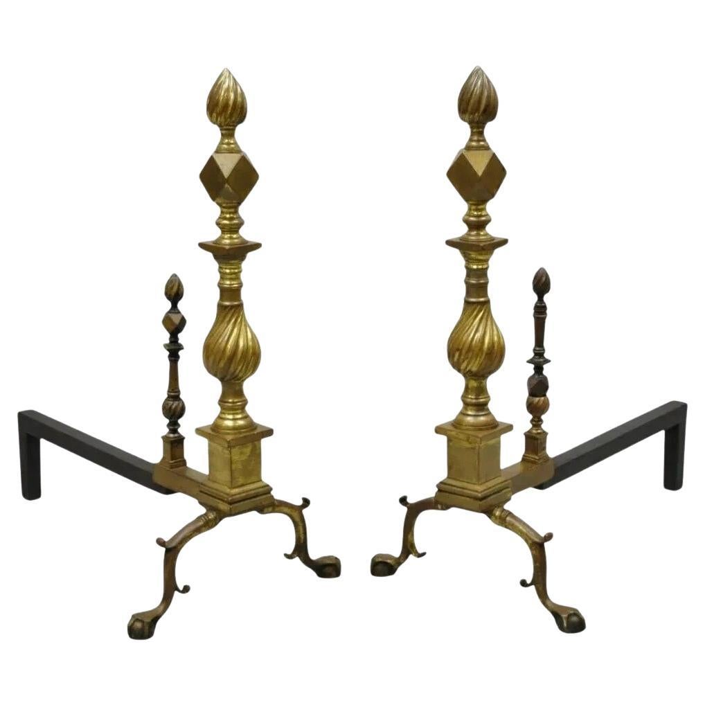 Antique Federal Brass Spiral Twist Finial Branch Leg Ball & Claw Andirons - Pair