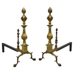 Used Federal Brass Spiral Twist Finial Branch Leg Ball & Claw Andirons - Pair