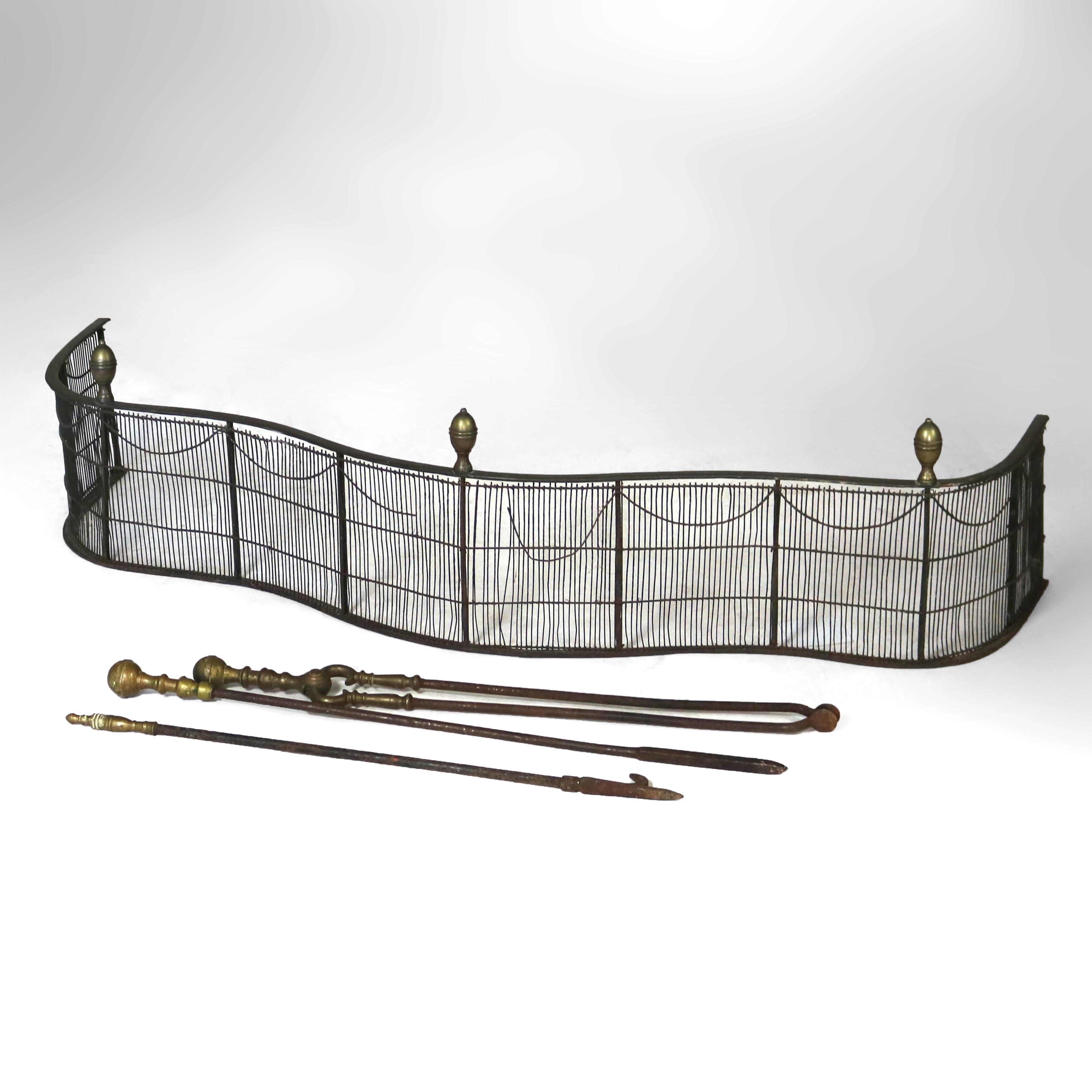Antique Federal Brass & Wire Fireplace Fender & Three Piece Tool Set C1810

Measures- Hook: 26.75