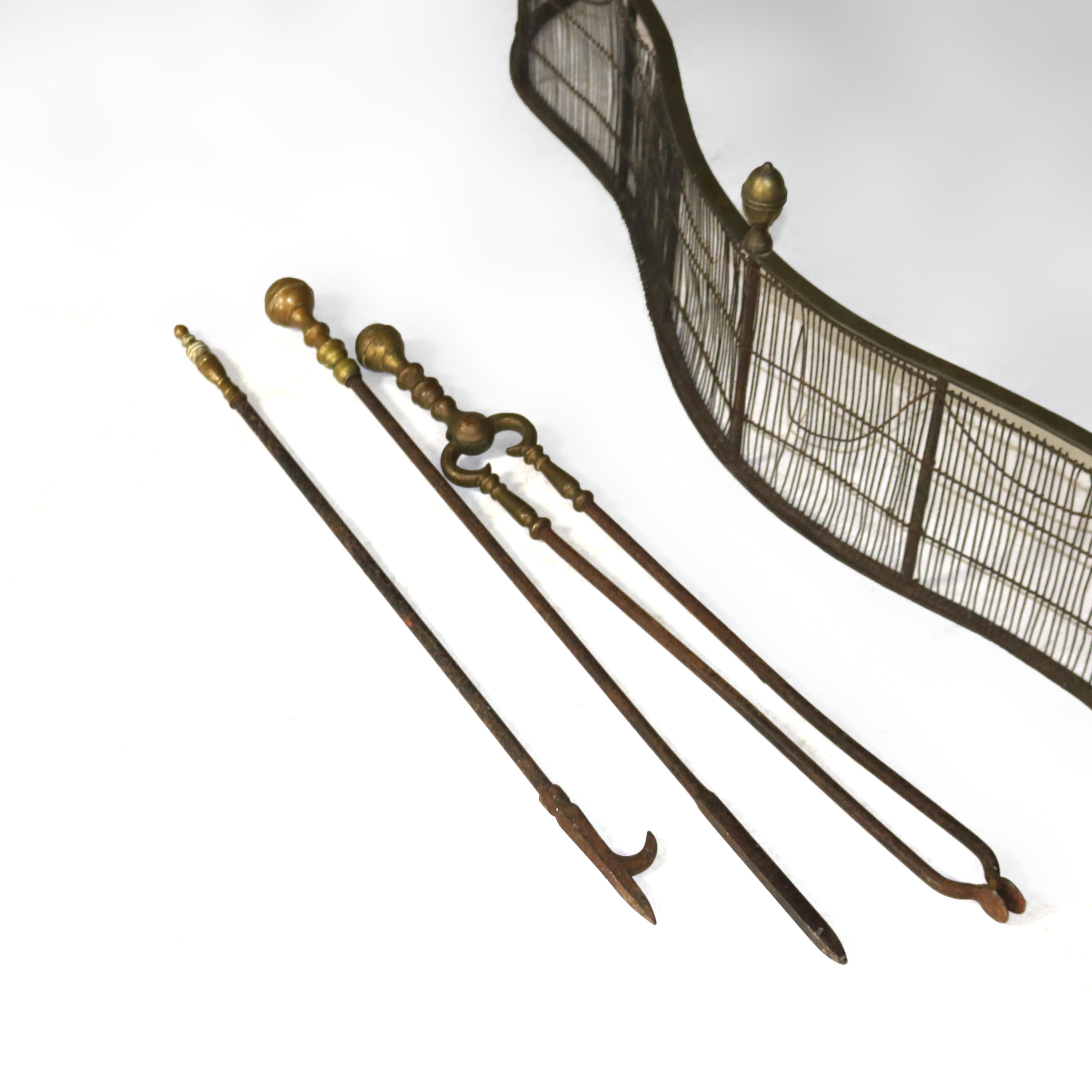 19th Century Antique Federal Brass & Wire Fireplace Fender & Three Piece Tool Set C1810 For Sale