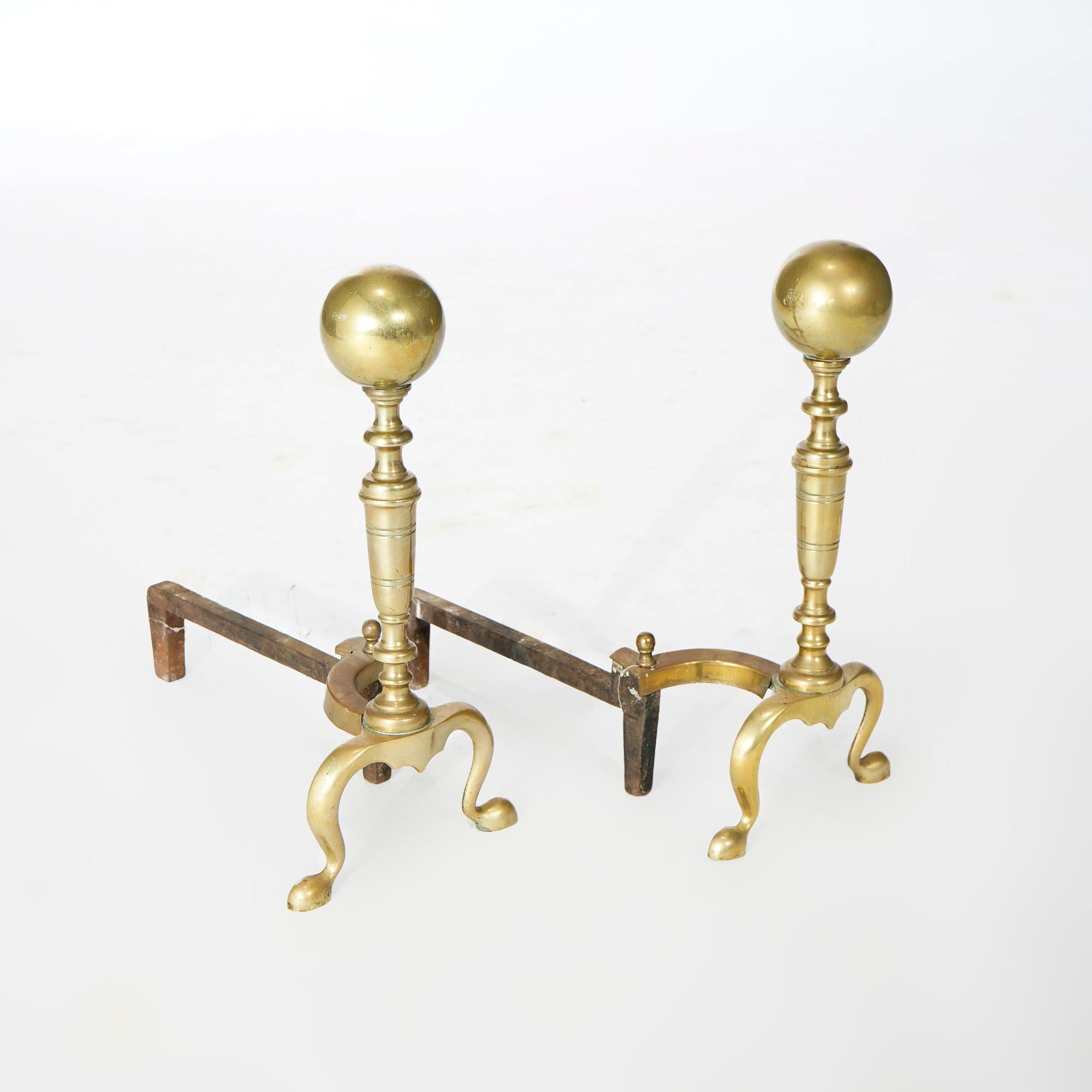 American Antique Federal Brass & Wrought Iron Fireplace Andirons 19th C