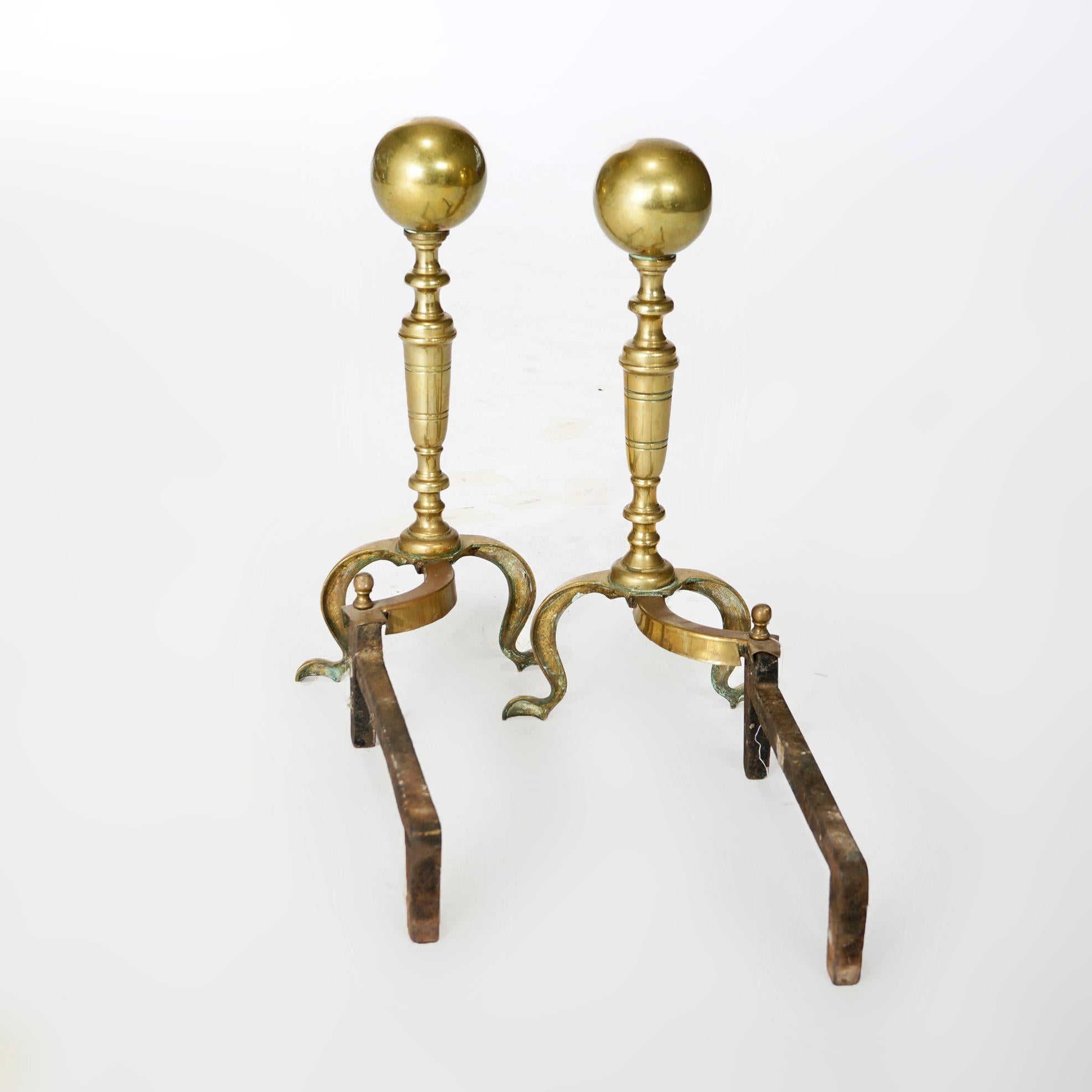 Antique Federal Brass & Wrought Iron Fireplace Andirons 19th C In Good Condition In Big Flats, NY