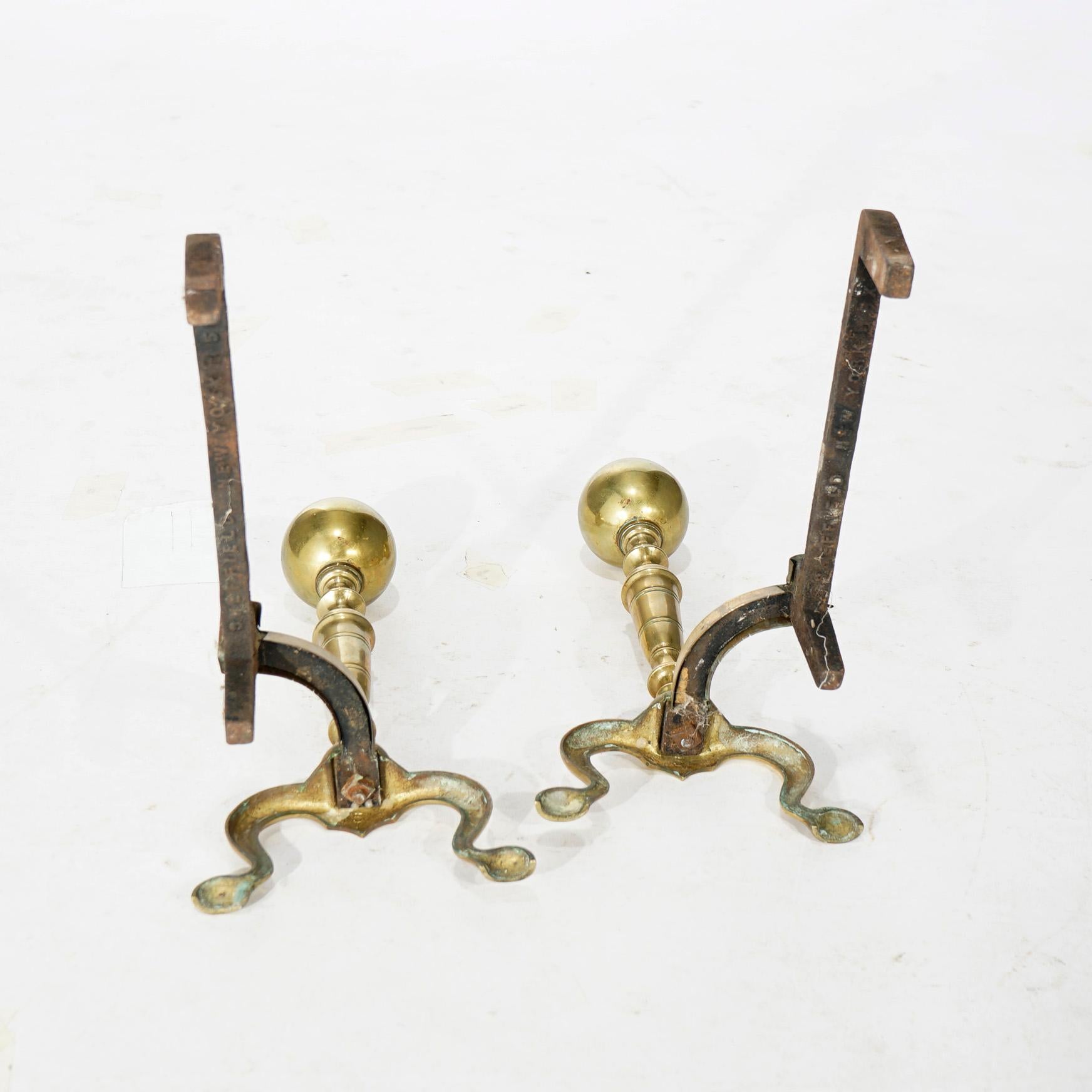 19th Century Antique Federal Brass & Wrought Iron Fireplace Andirons 19th C