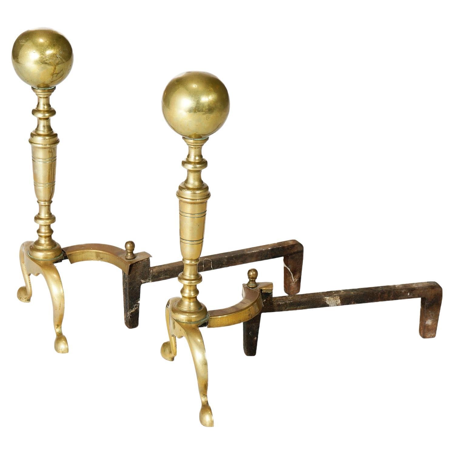 Antique Federal Brass & Wrought Iron Fireplace Andirons 19th C
