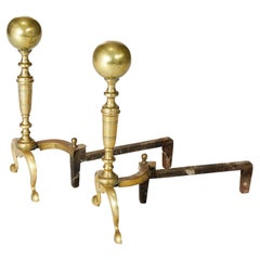 Antique Federal Brass & Wrought Iron Fireplace Andirons 19th C