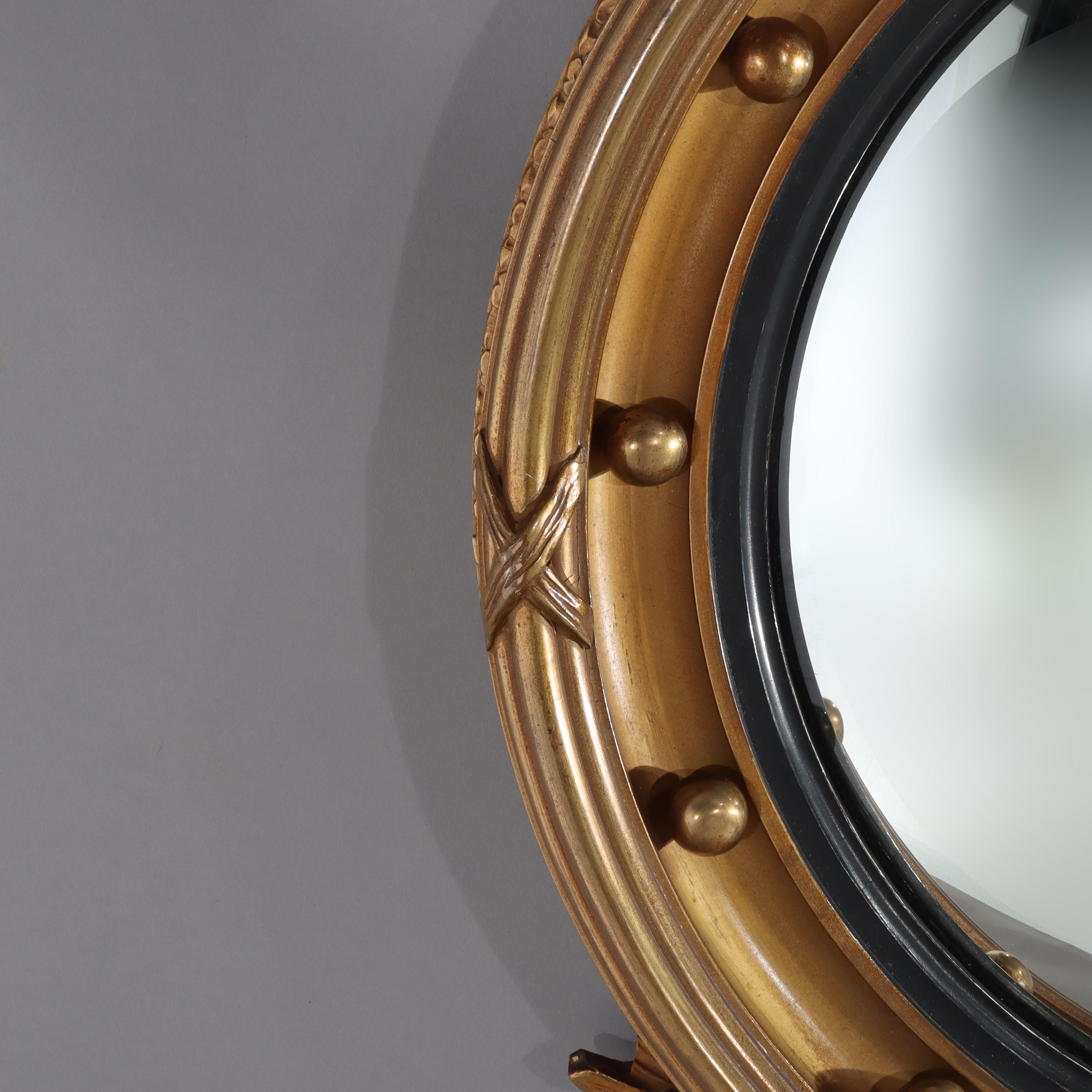 20ième siècle Antique Federal Bullseye Convex Gilt Wood Mirror With Eagle C1900 en vente