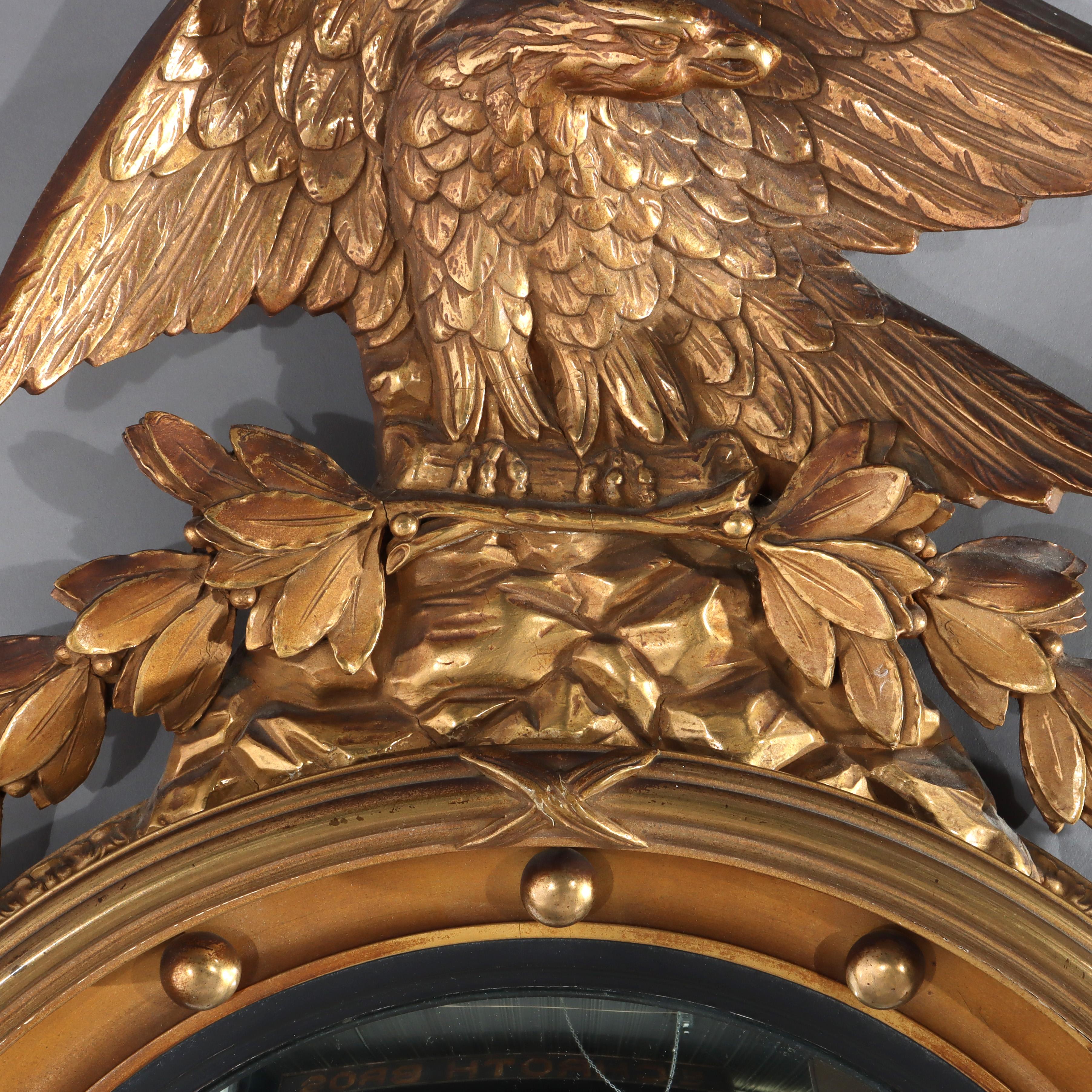 Antique Federal Bullseye Convex Gilt Wood Mirror With Eagle C1900 en vente 1