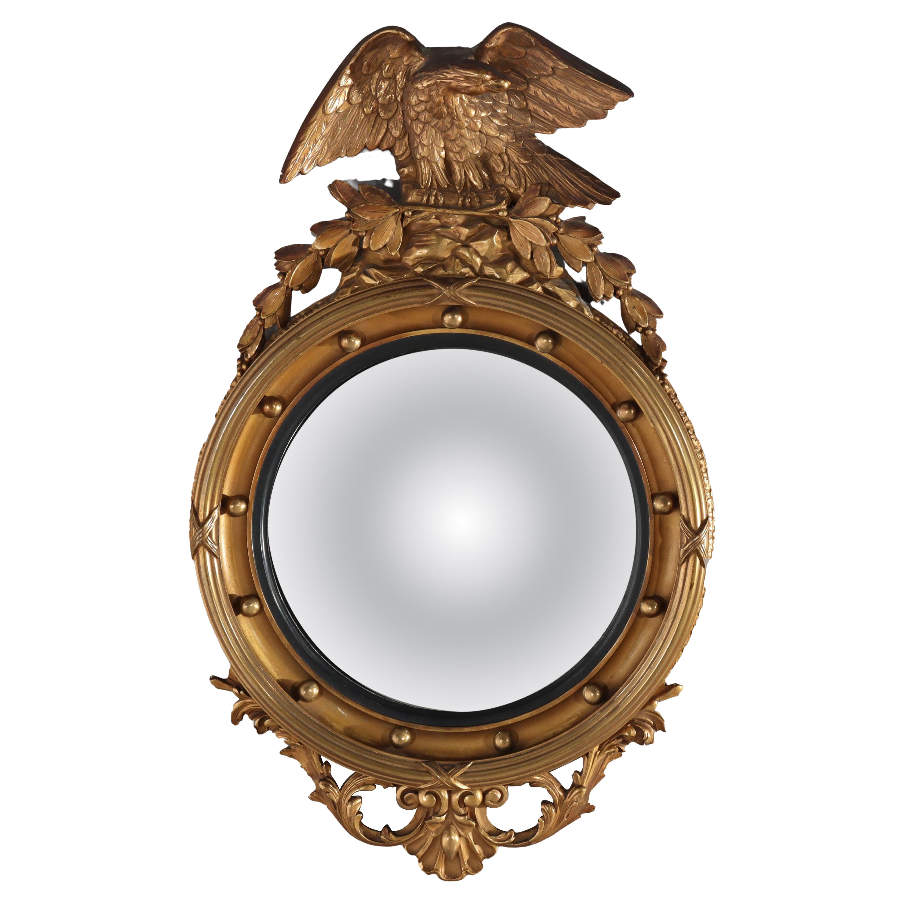 Antique Federal Bullseye Convex Gilt Wood Mirror With Eagle C1900