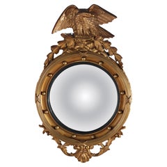 Antique Federal Bullseye Convex Gilt Wood Mirror With Eagle C1900