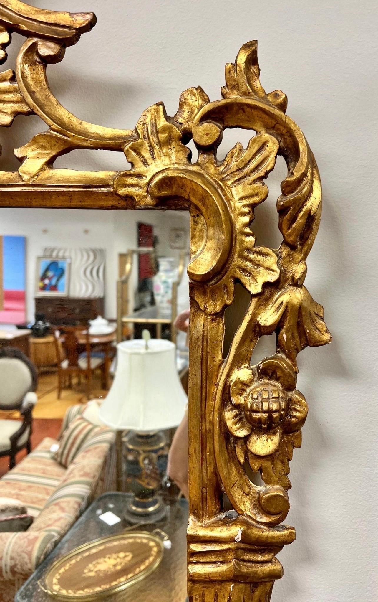 Spanish Antique Federal Carved Giltwood Rectangular Mirror with Eagle Pediment at Top