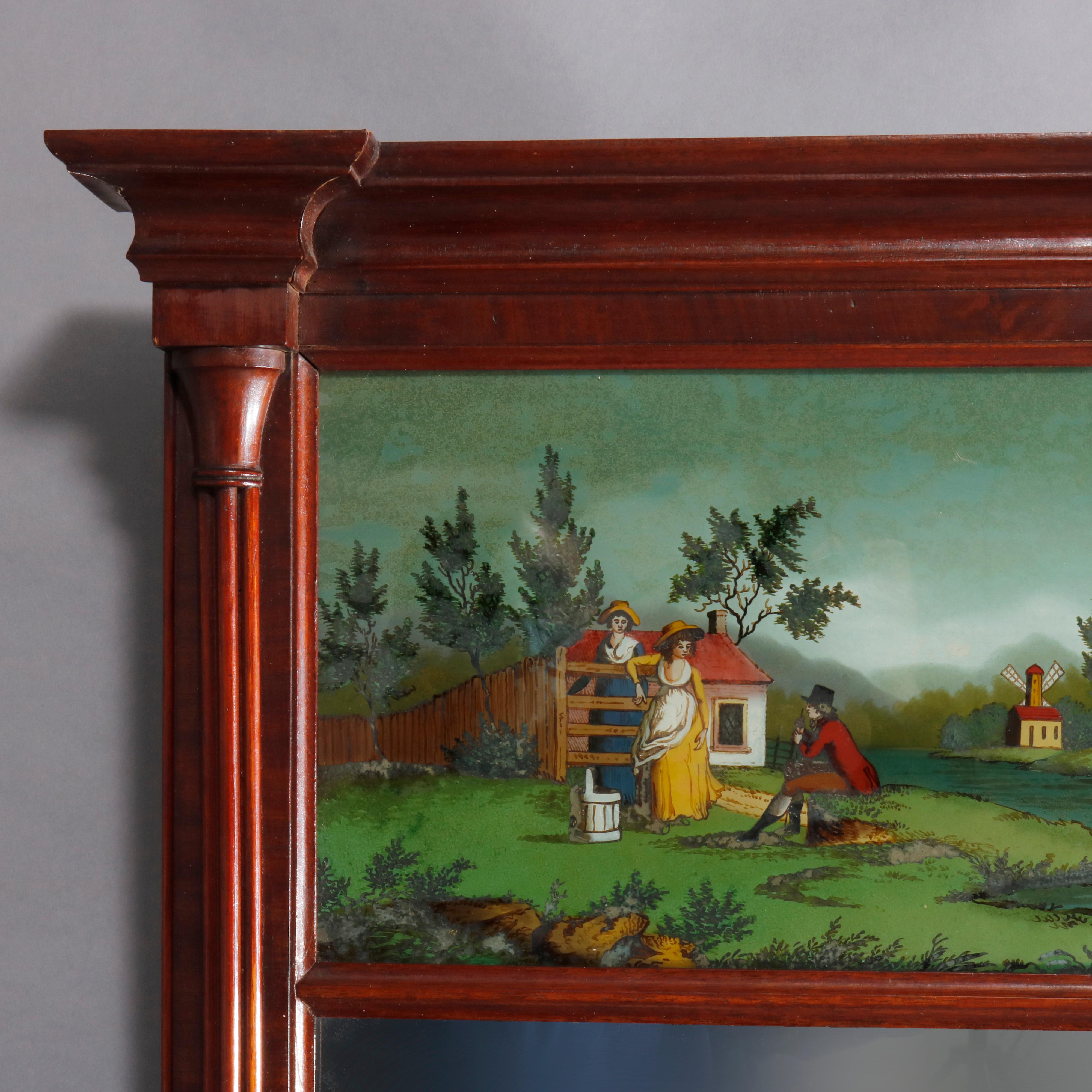 An antique federal trumeau wall mirror offers carved mahogany frame with flanking carved columns and housing églomisé panel with hand painted colonial genre scene having structures and figures, circa 1830.

Measures: 41.5