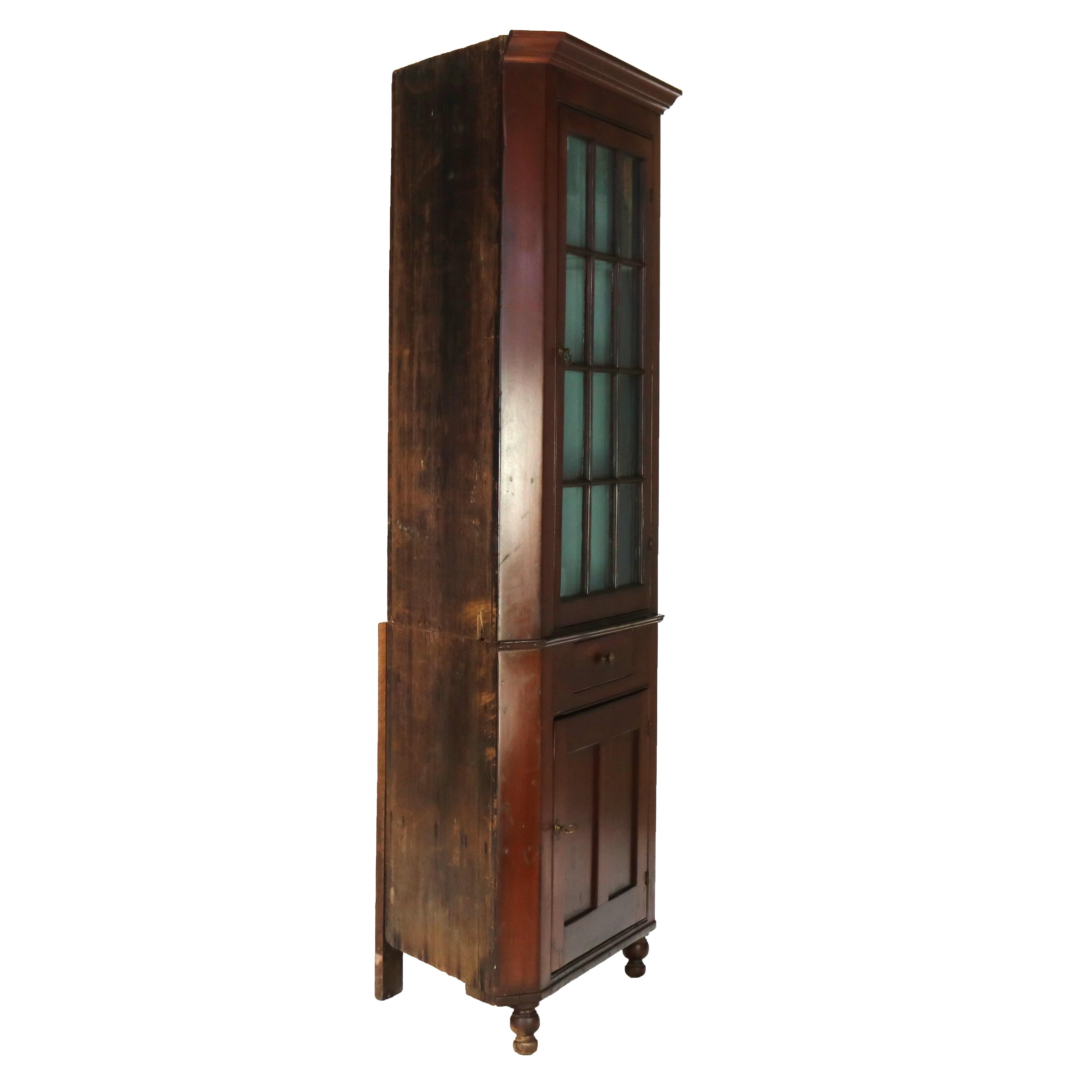 Antique Federal Cherry Two-Piece Corner Cupboard with 12-Panel Glass Door C1830 15