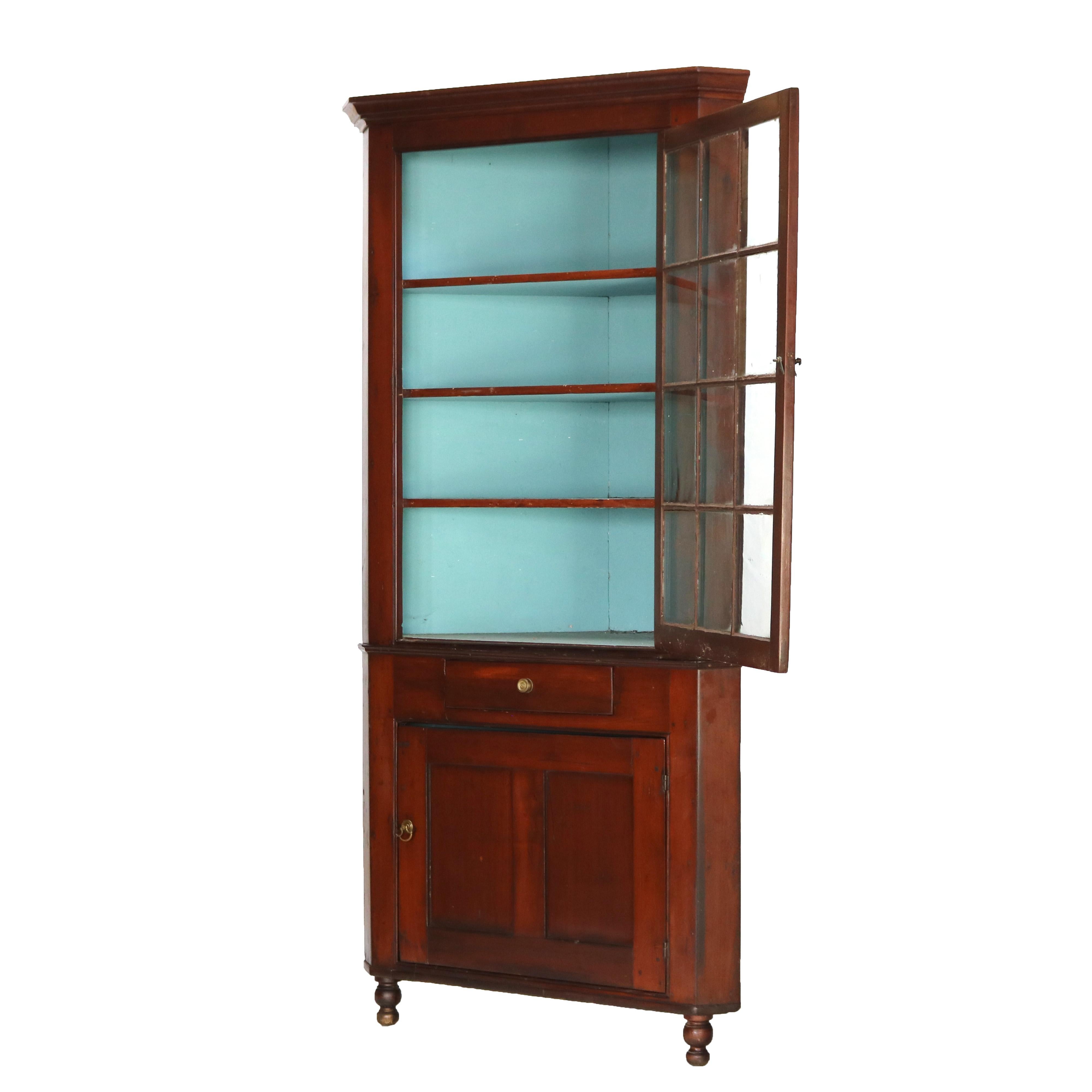 ***Reduced In-House Delivery Rates - Click on “Ask Seller” to Request a Quote***
Antique Federal Cherry Two-Piece Corner Cupboard with 12-Panel Mullioned Glass Door C1830.   
Measures - 87 7/8