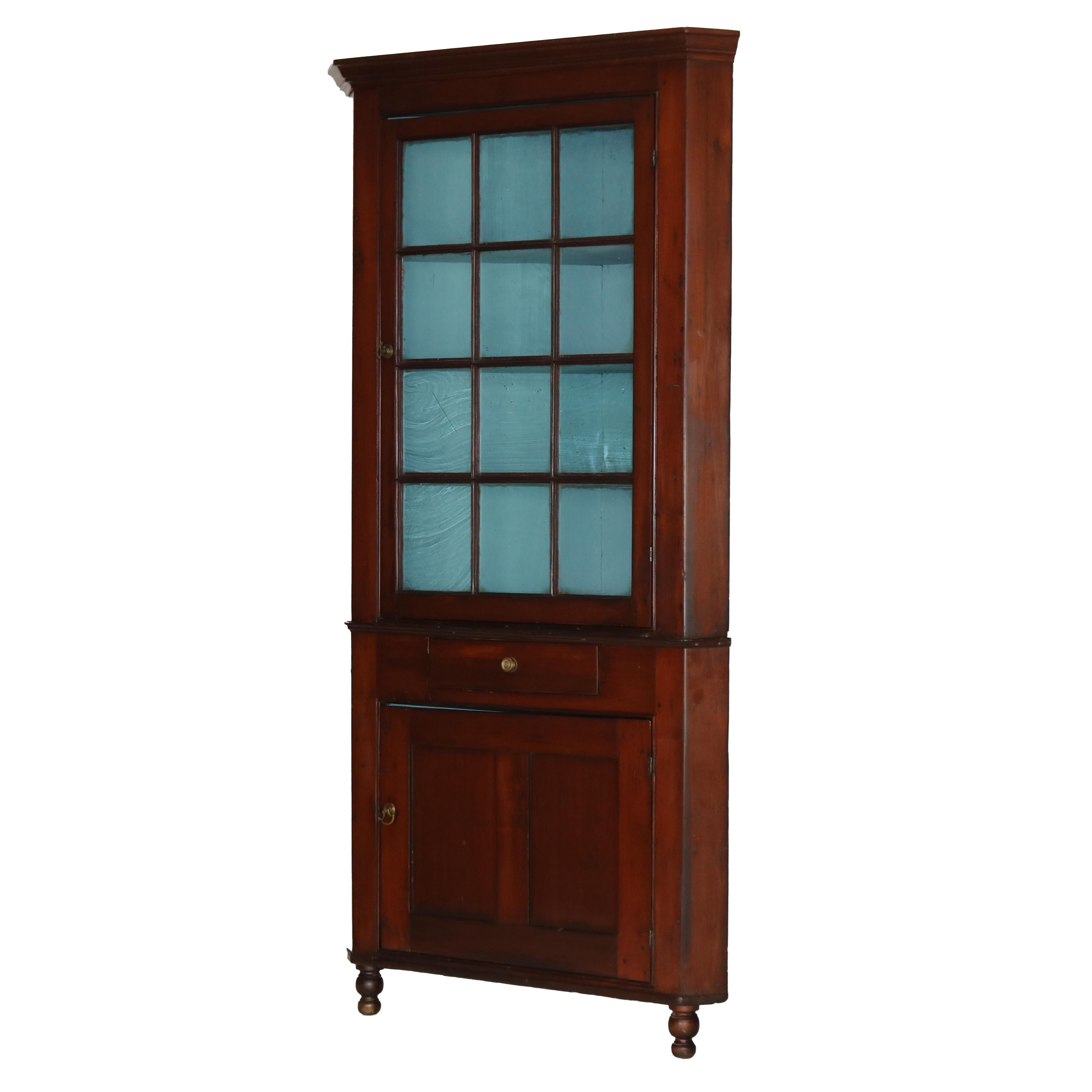 Antique Federal Cherry Two-Piece Corner Cupboard with 12-Panel Glass Door C1830 In Good Condition In Big Flats, NY