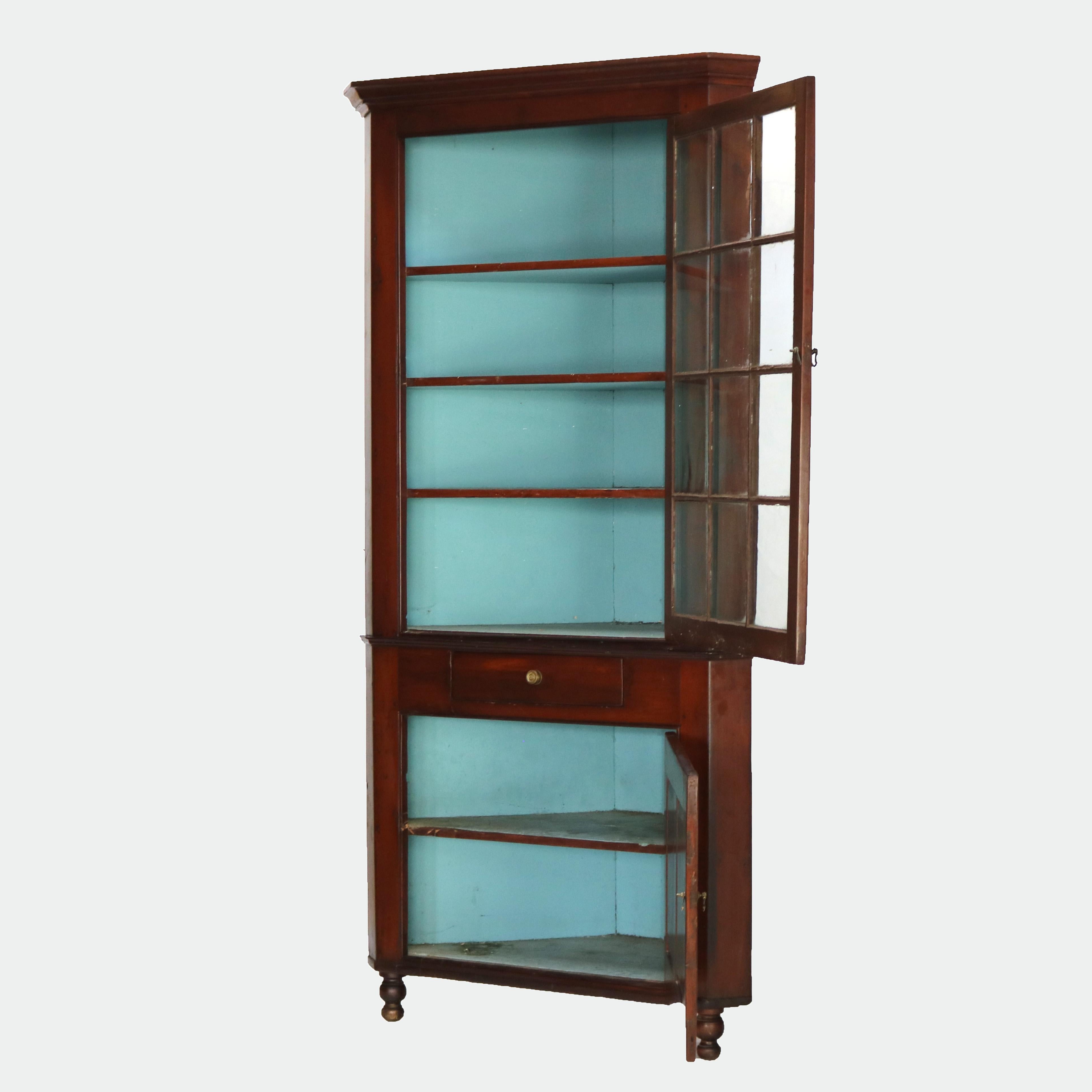 19th Century Antique Federal Cherry Two-Piece Corner Cupboard with 12-Panel Glass Door C1830