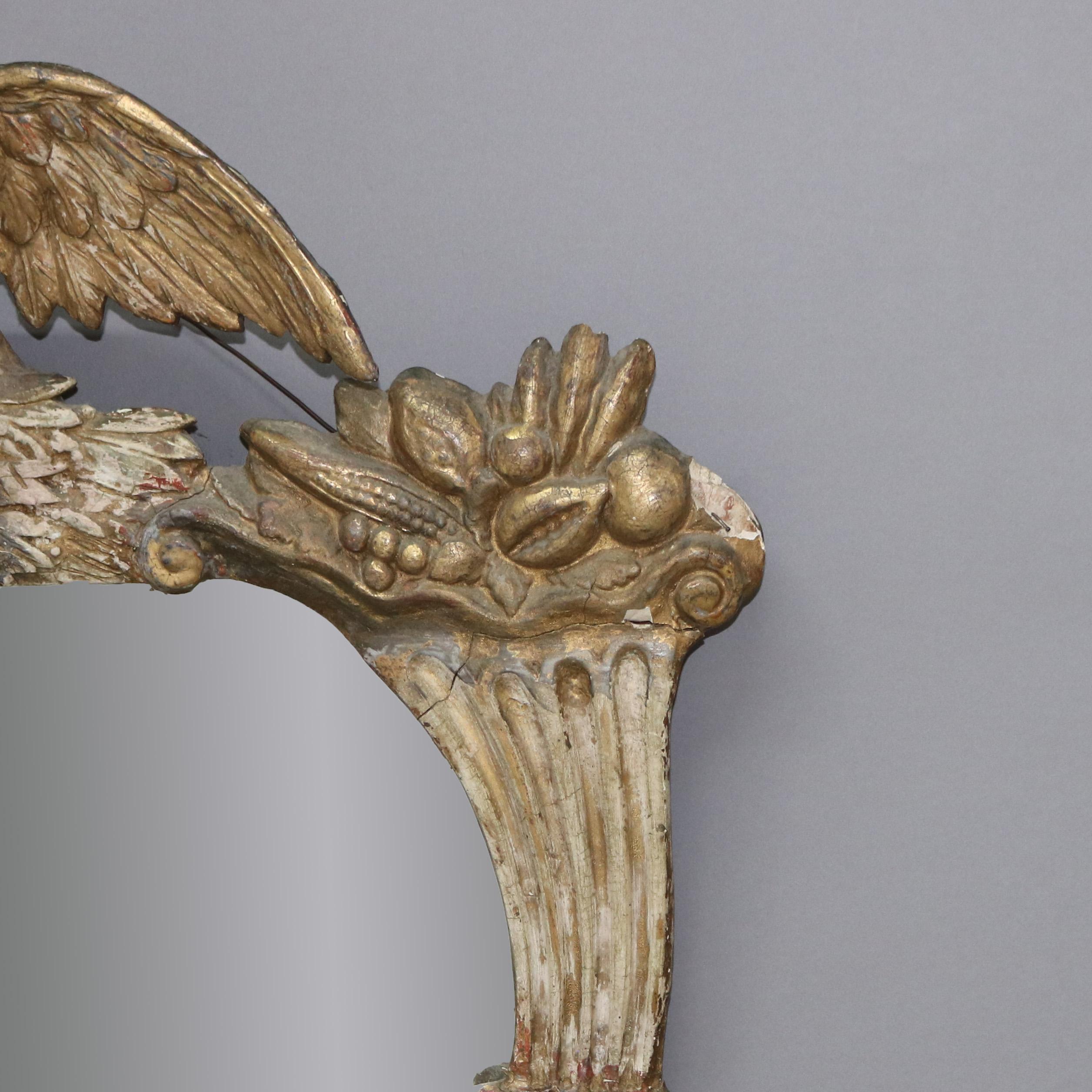 19th Century Antique Federal Cornucopia & Figural Eagle Giltwood Wall Mirror C1850
