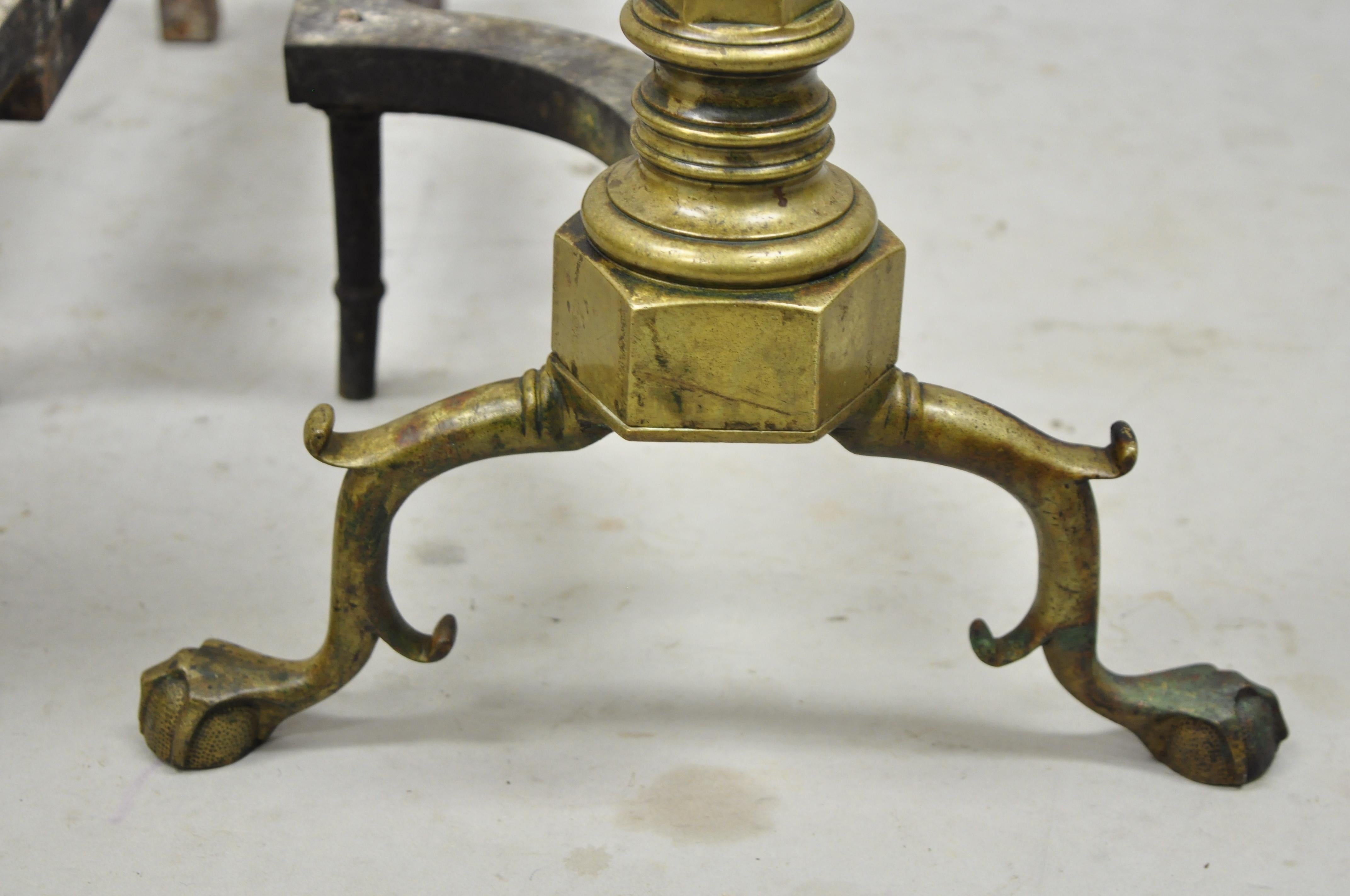 Antique Federal Faceted Brass Cannonball Branch Feet Cast Iron Andirons, a Pair For Sale 4
