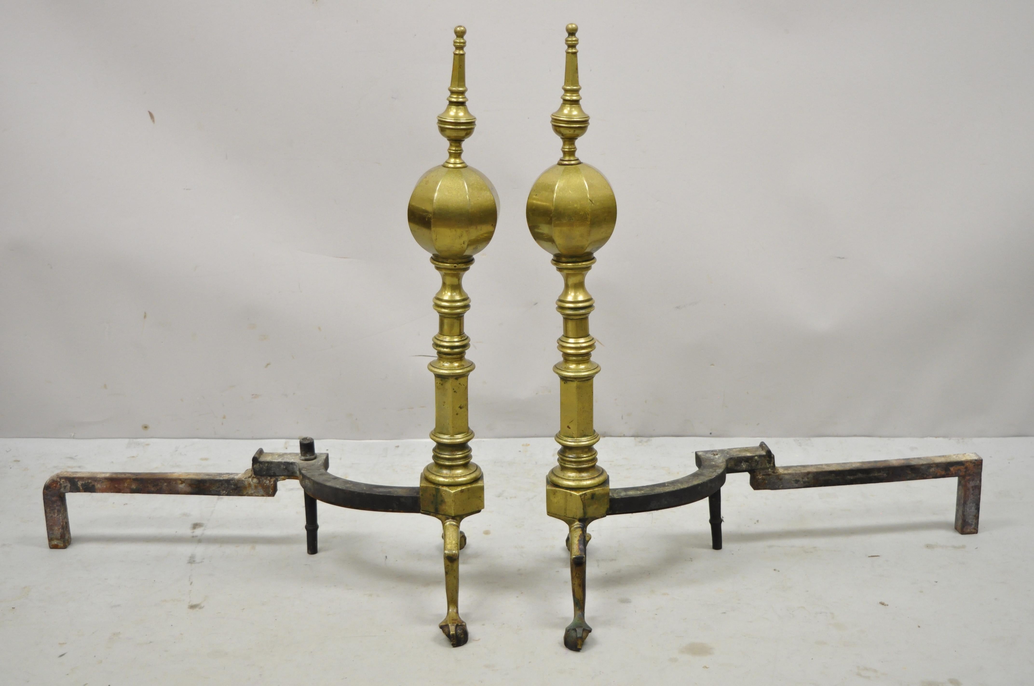 Antique English Federal Faceted Brass Cannonball Branch Feet Cast Iron Andirons - a Pair. Item features large impressive size, ball and claw branch feet, great original patina, faceted cannonball forms, brass and cast iron construction, very nice