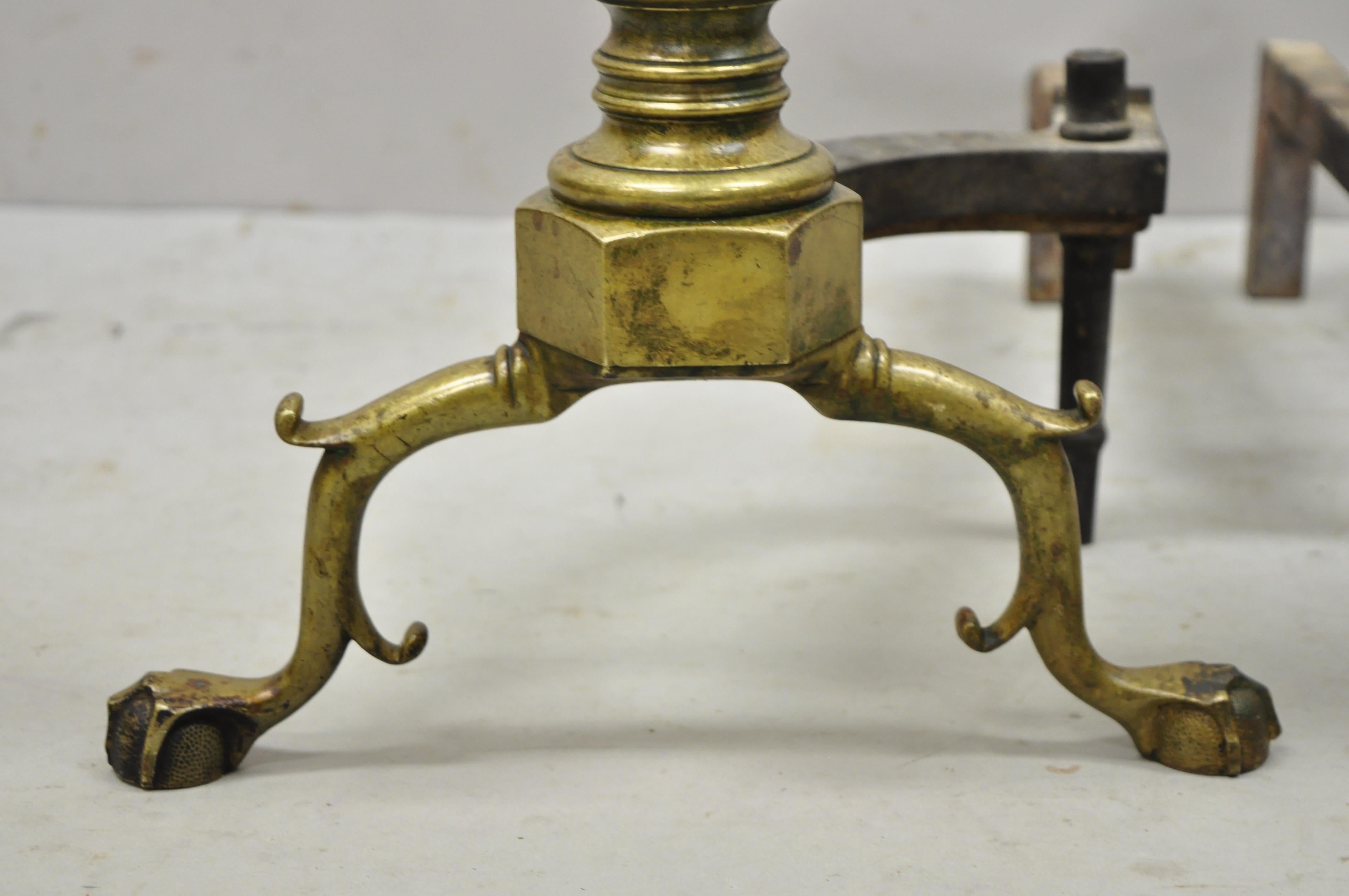English Antique Federal Faceted Brass Cannonball Branch Feet Cast Iron Andirons, a Pair For Sale