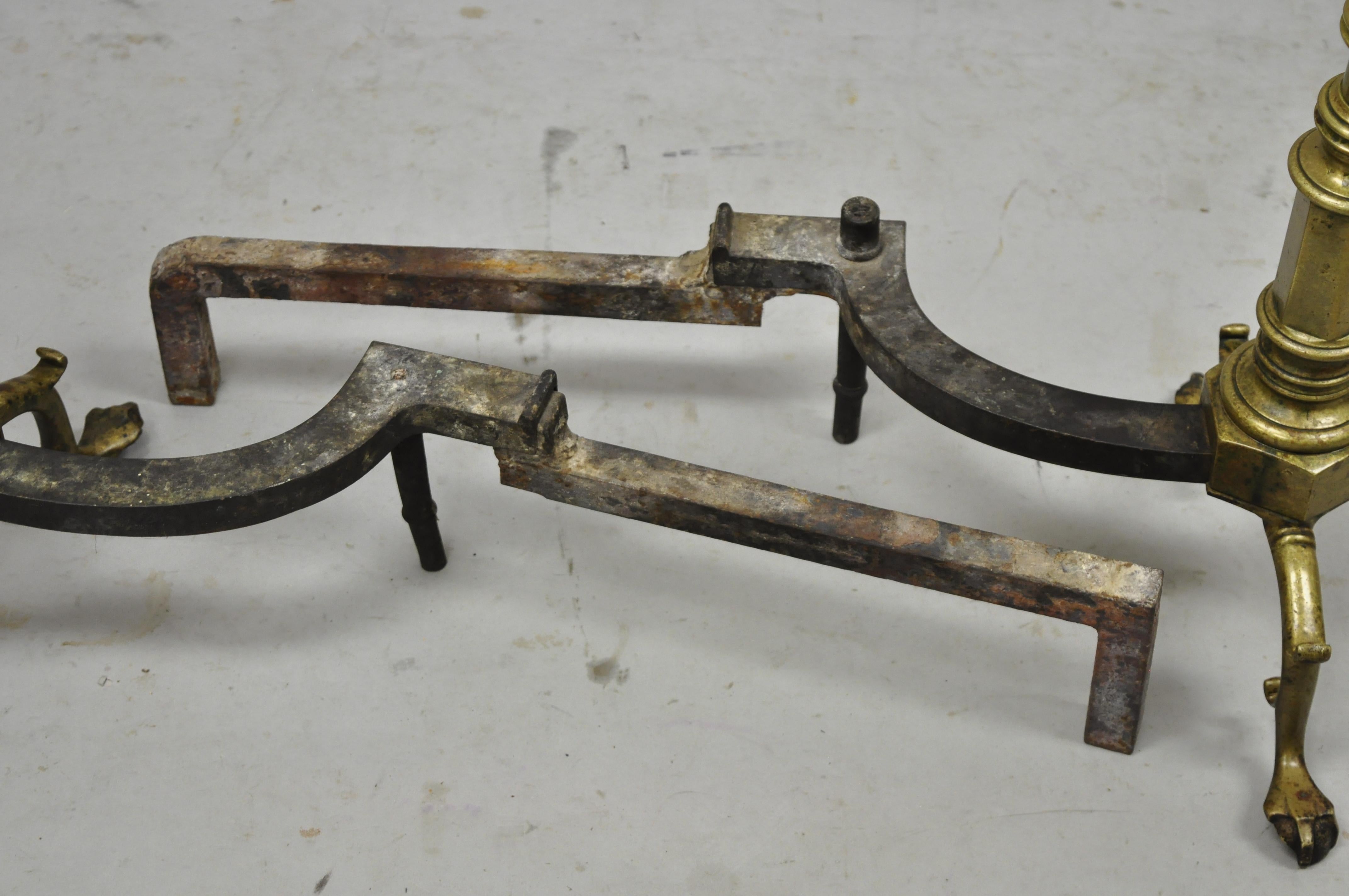 20th Century Antique Federal Faceted Brass Cannonball Branch Feet Cast Iron Andirons, a Pair For Sale
