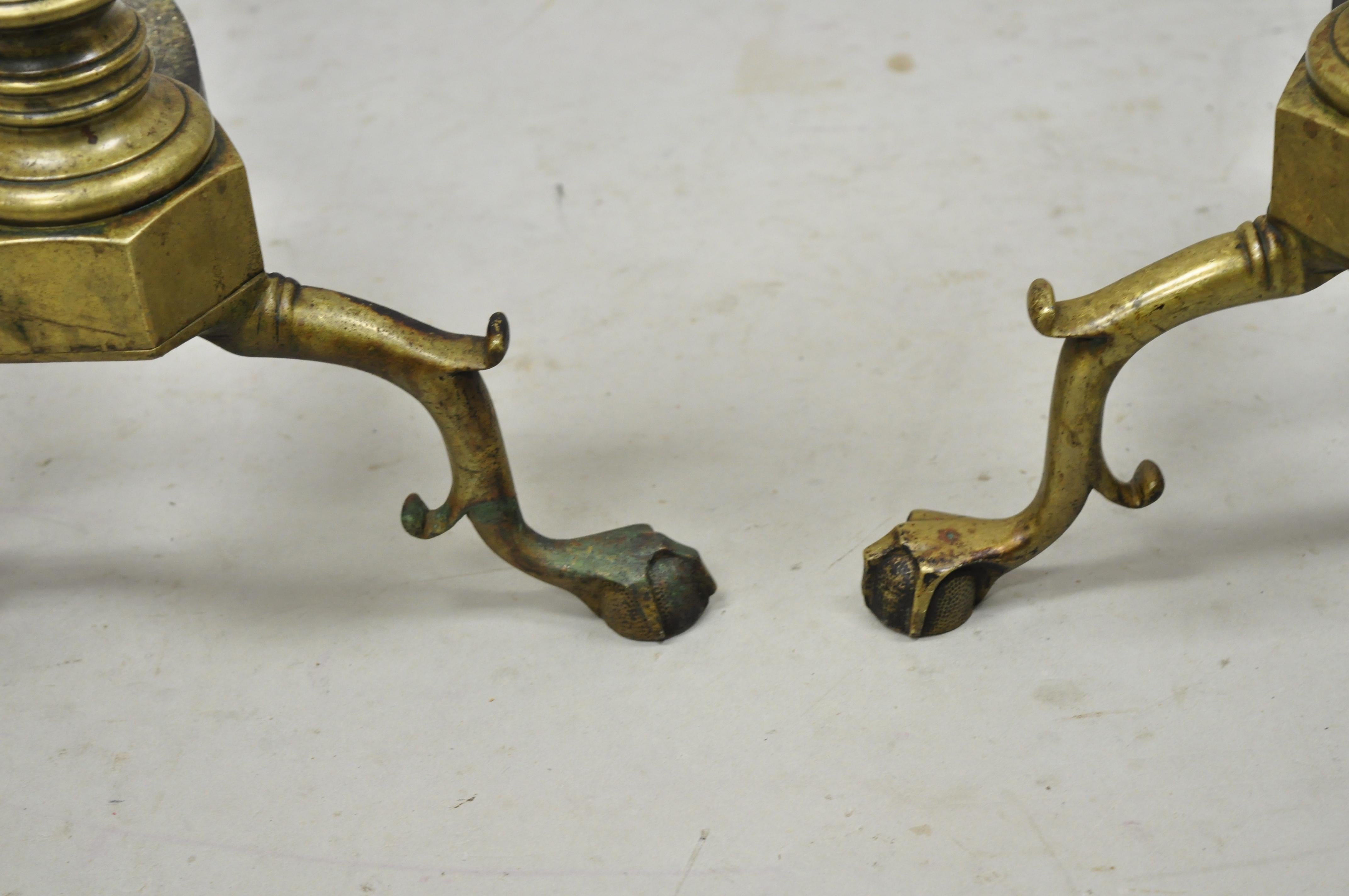 Antique Federal Faceted Brass Cannonball Branch Feet Cast Iron Andirons, a Pair For Sale 2