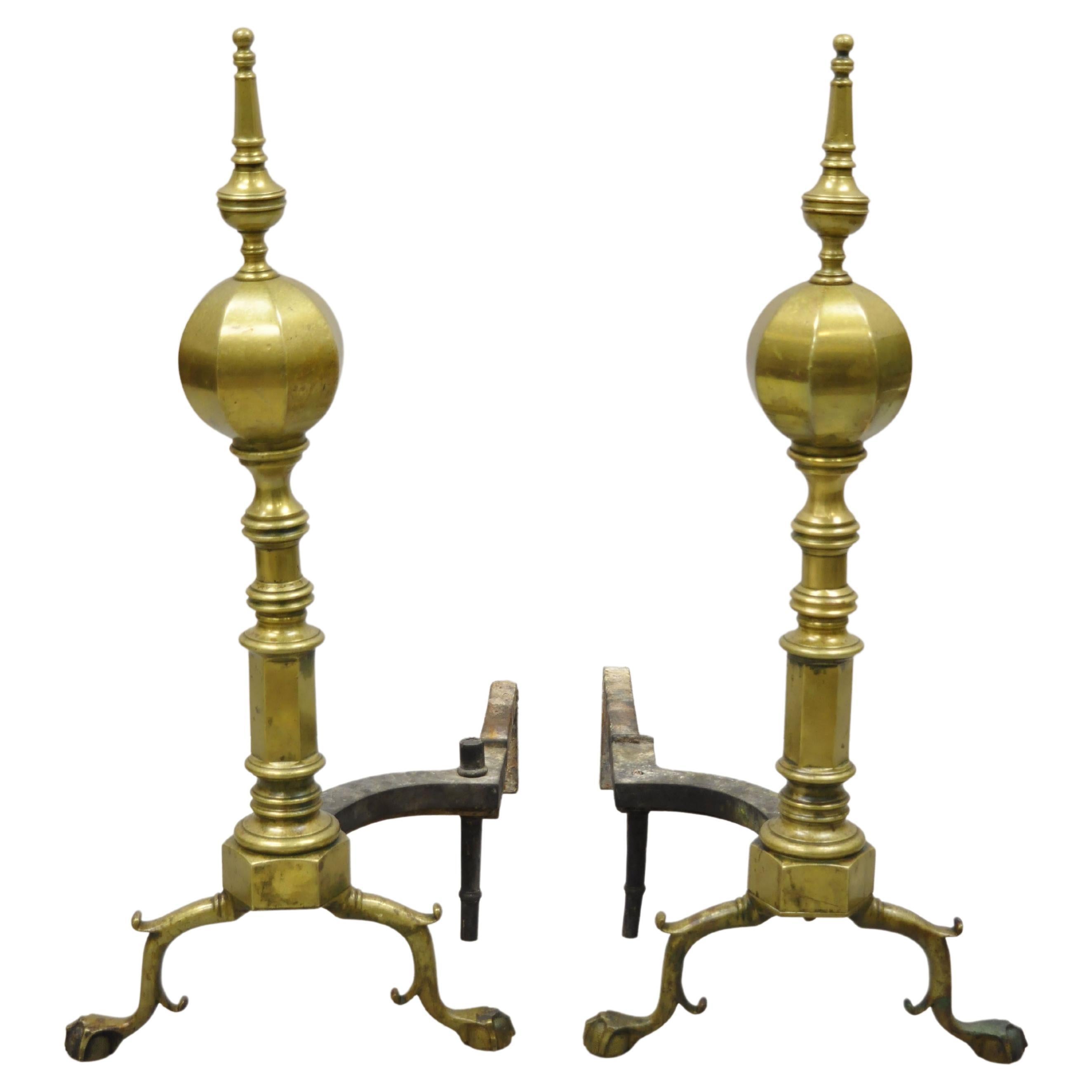 Antique Federal Faceted Brass Cannonball Branch Feet Cast Iron Andirons, a Pair For Sale