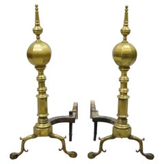 Antique Federal Faceted Brass Cannonball Branch Feet Cast Iron Andirons, a Pair