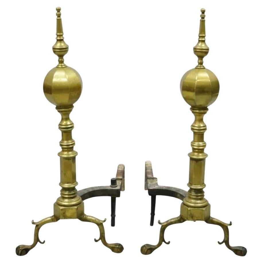 Antique Federal Faceted Brass Cannonball Branch Foot Cast Iron Andirons - a Pair