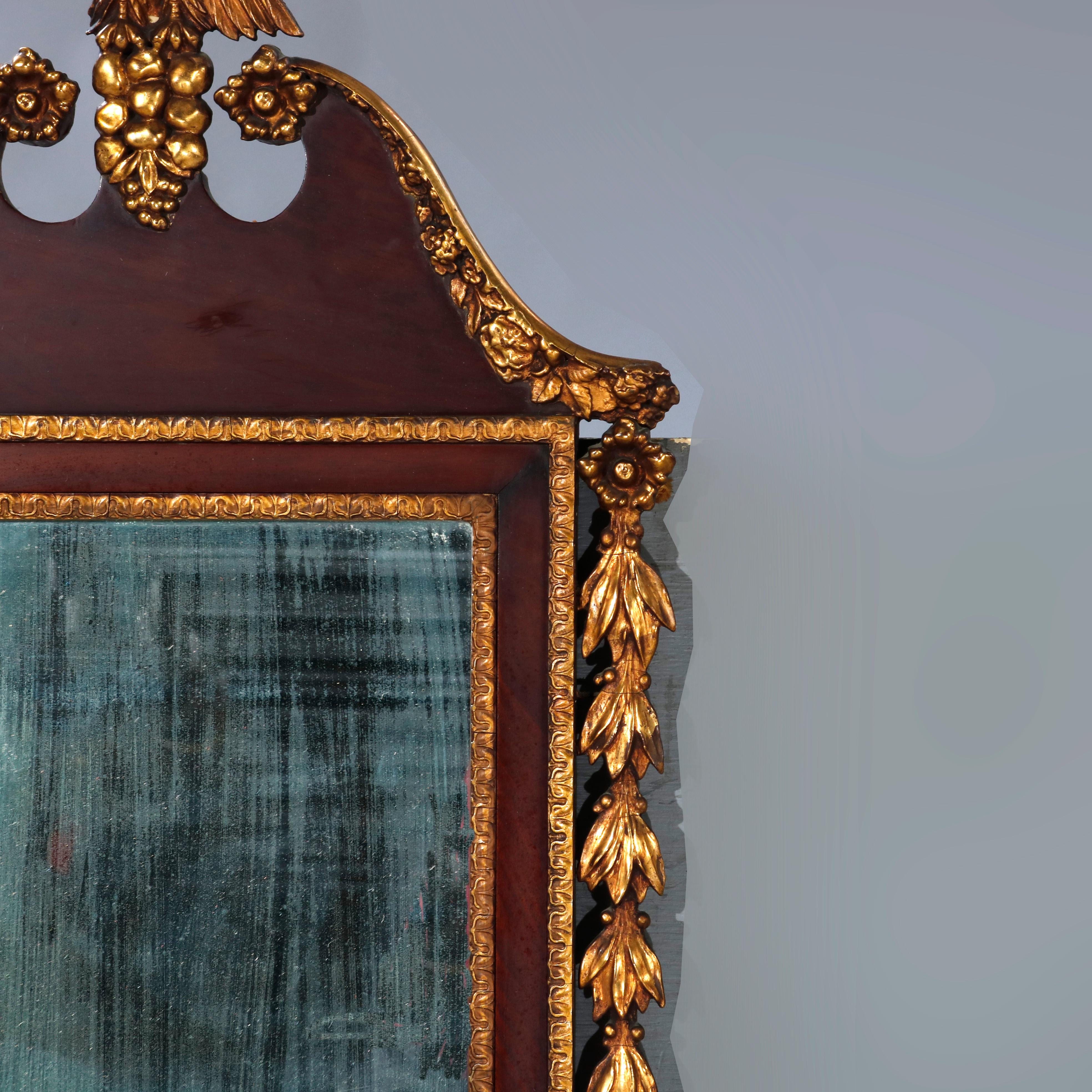 Carved Antique Federal Figural Giltwood & Mahogany Wall Mirror with Eagle, c1830