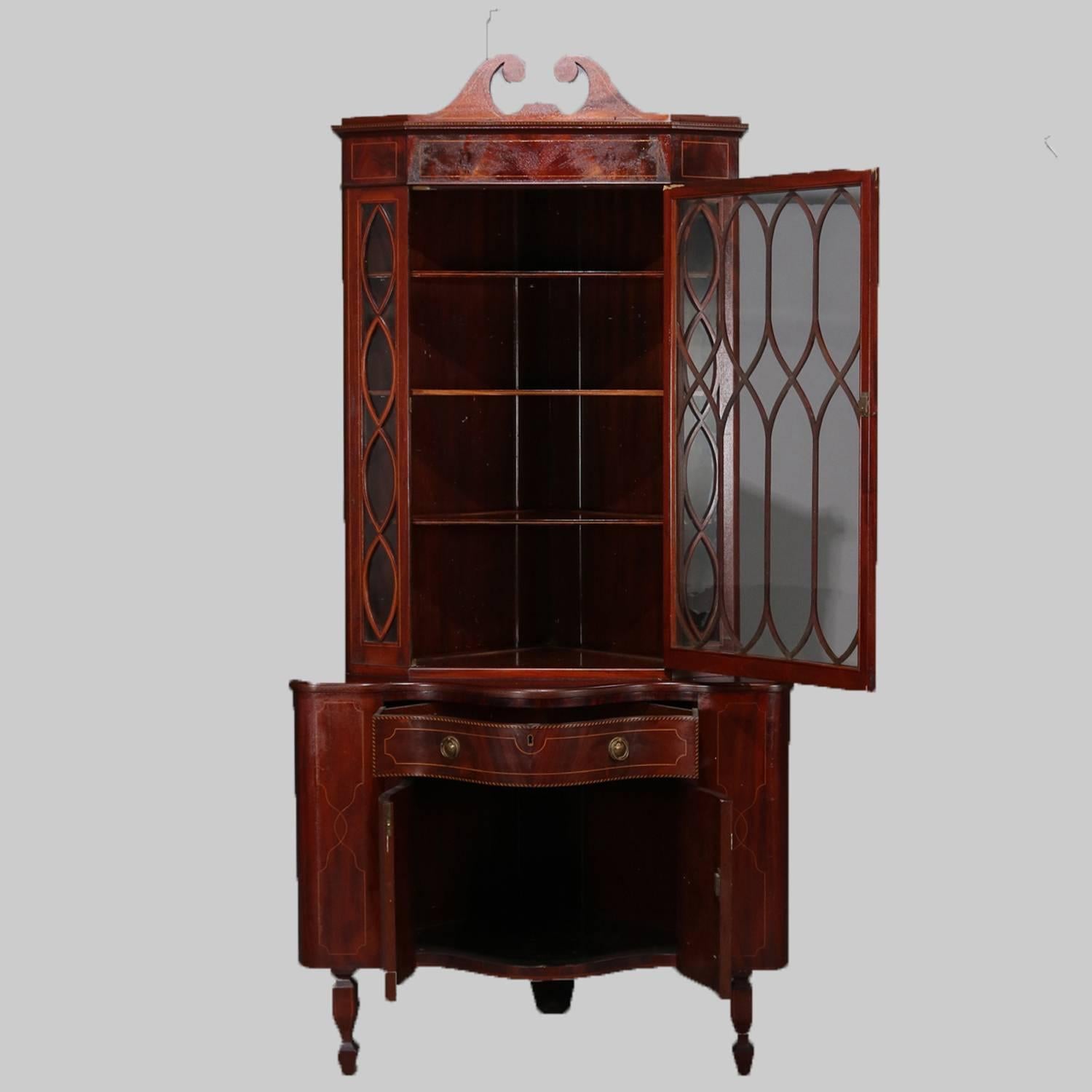 American Antique Federal Flame Mahogany and Satinwood Inlay Serpentine Corner Cabinet