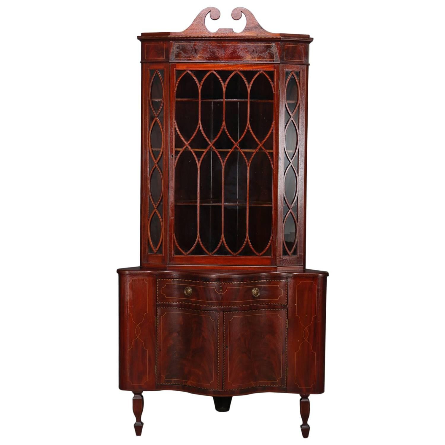 Antique Federal Flame Mahogany and Satinwood Inlay Serpentine Corner Cabinet