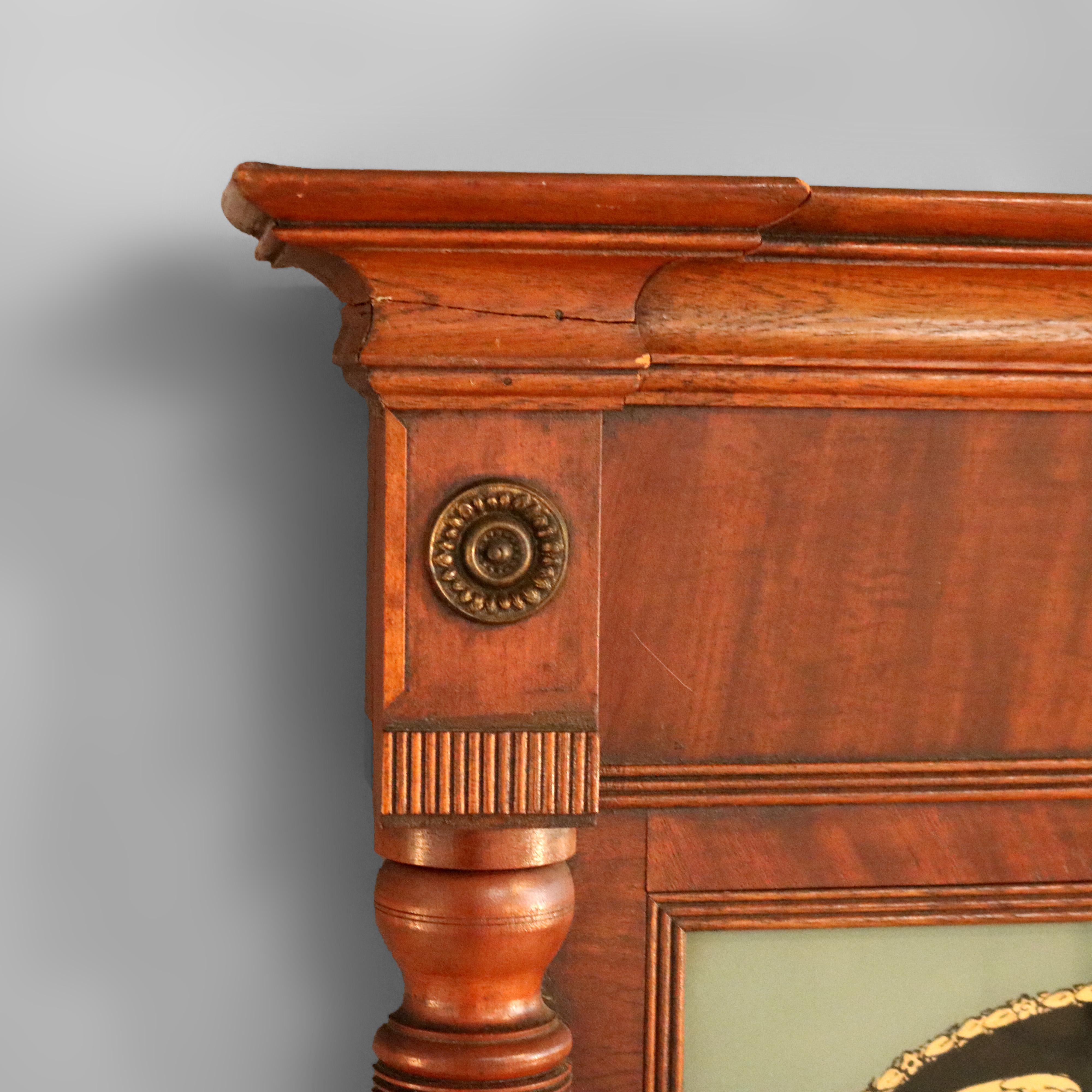 Carved Antique Federal Flame Mahogany Mirror with Eagle & Shield Decorated Panel c1830