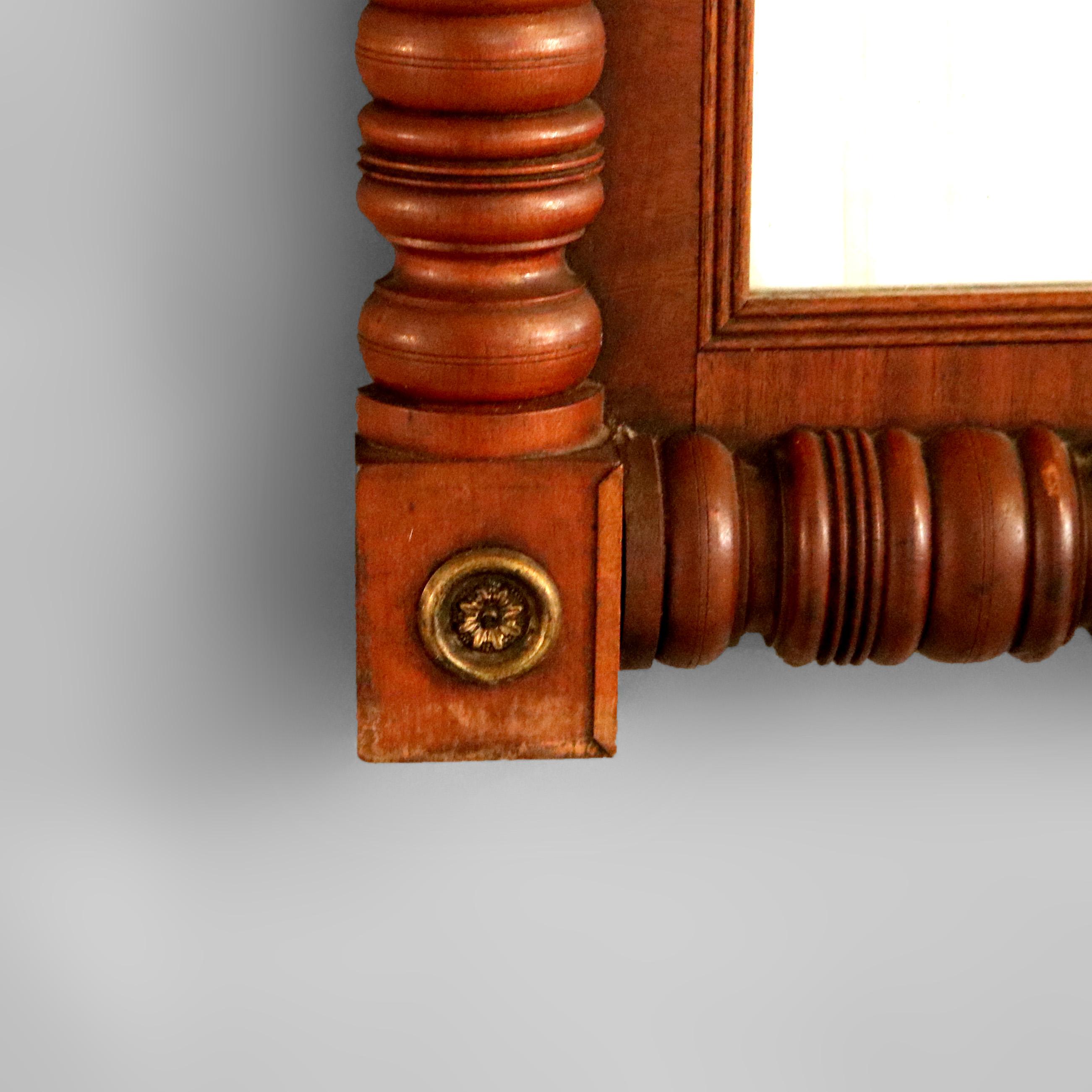 Antique Federal Flame Mahogany Mirror with Eagle & Shield Decorated Panel c1830 In Good Condition In Big Flats, NY
