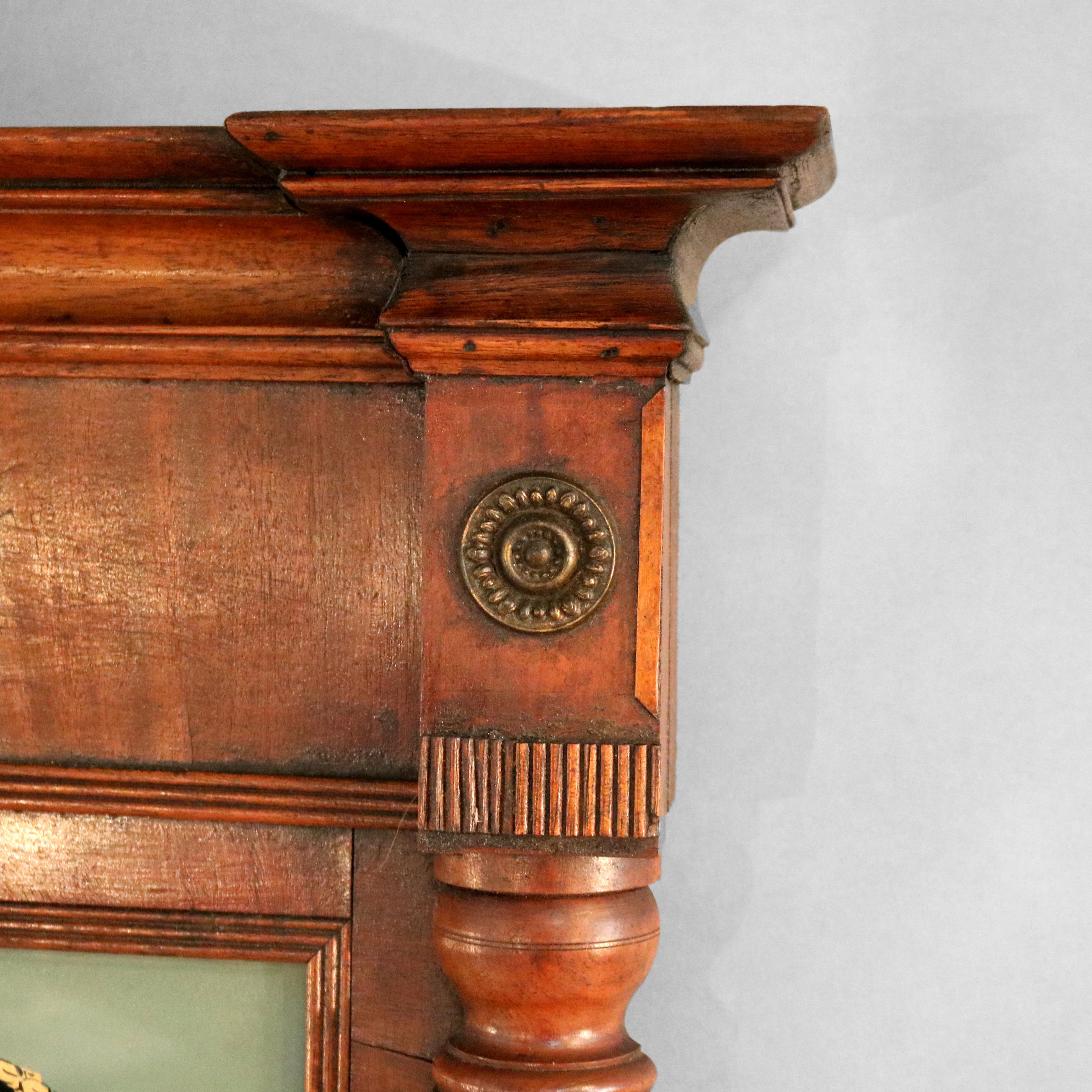 19th Century Antique Federal Flame Mahogany Mirror with Eagle & Shield Decorated Panel c1830
