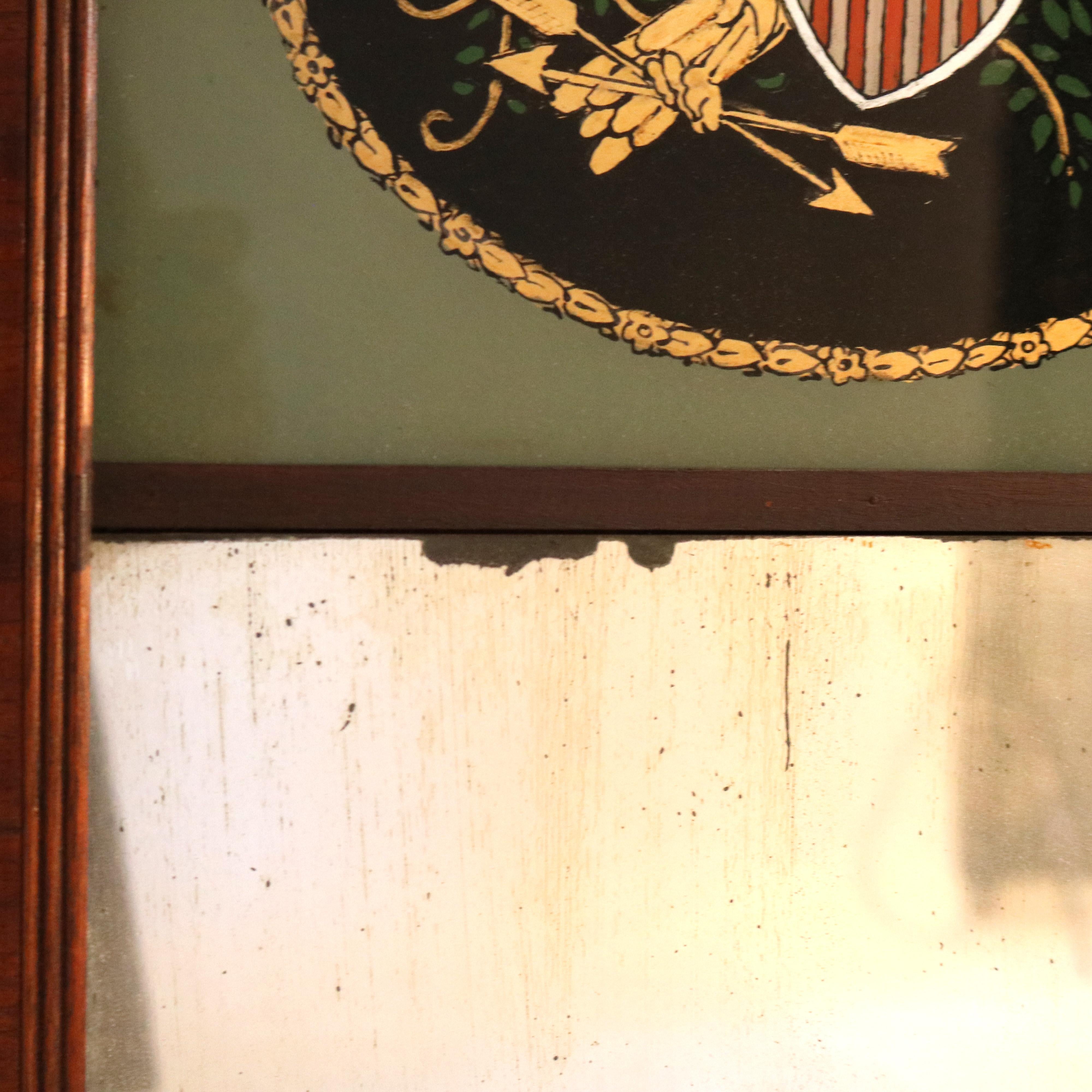 Antique Federal Flame Mahogany Mirror with Eagle & Shield Decorated Panel c1830 2