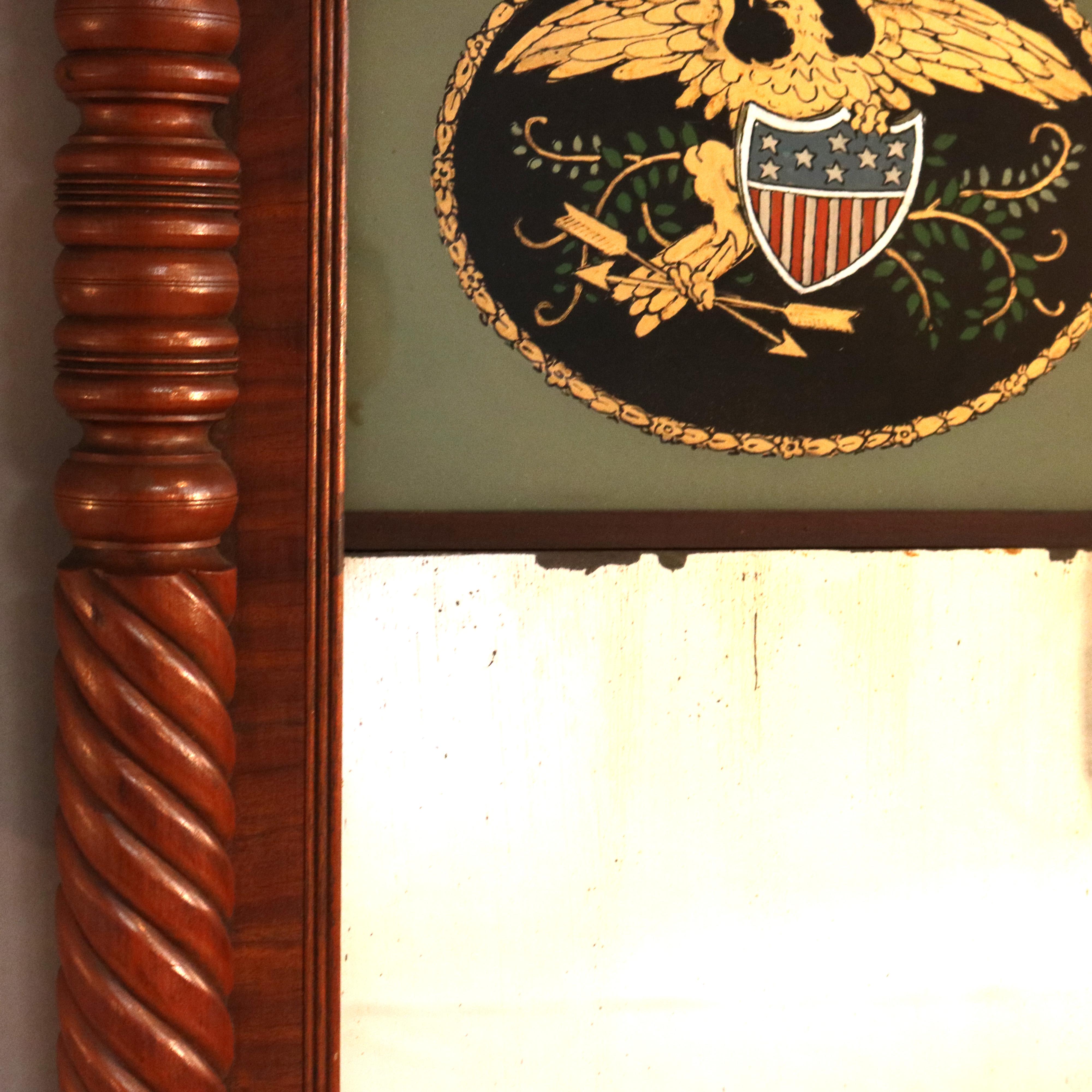 Antique Federal Flame Mahogany Mirror with Eagle & Shield Decorated Panel c1830 3