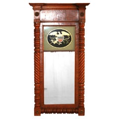 Antique Federal Flame Mahogany Mirror with Eagle & Shield Decorated Panel c1830
