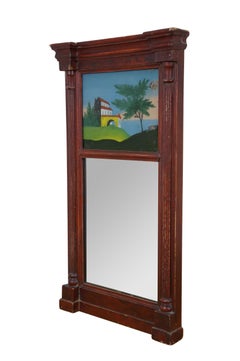 Antique Federal Flame Mahogany Reverse Painted Trumeau Wall Mirror 24"