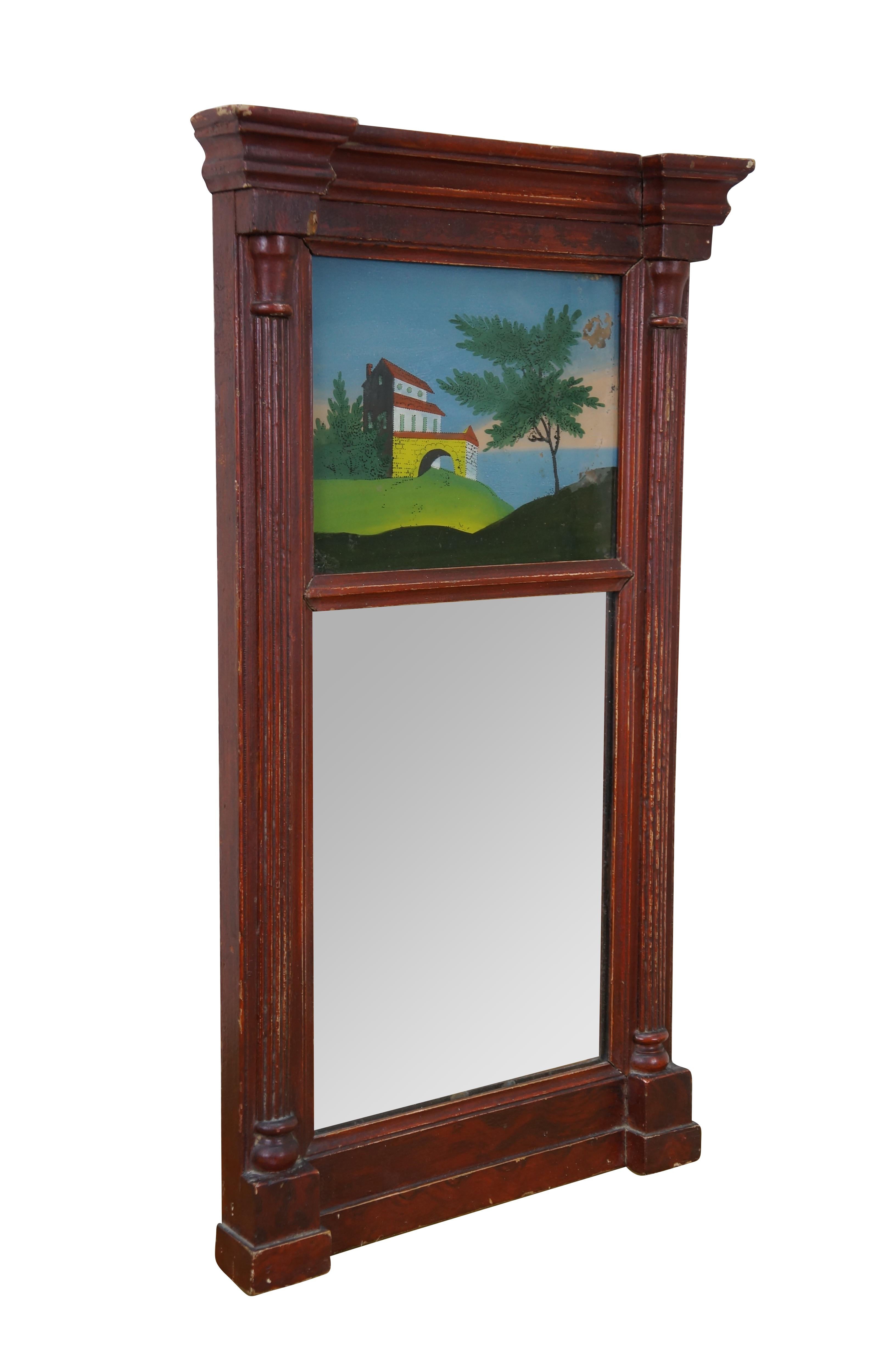 Empire Antique Feder Flame Mahogany Reverse Painted Trumeau Wall Mirror 24