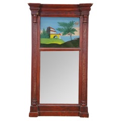 Antique Feder Flame Mahogany Reverse Painted Trumeau Wall Mirror 24" (Miroir à l'envers)