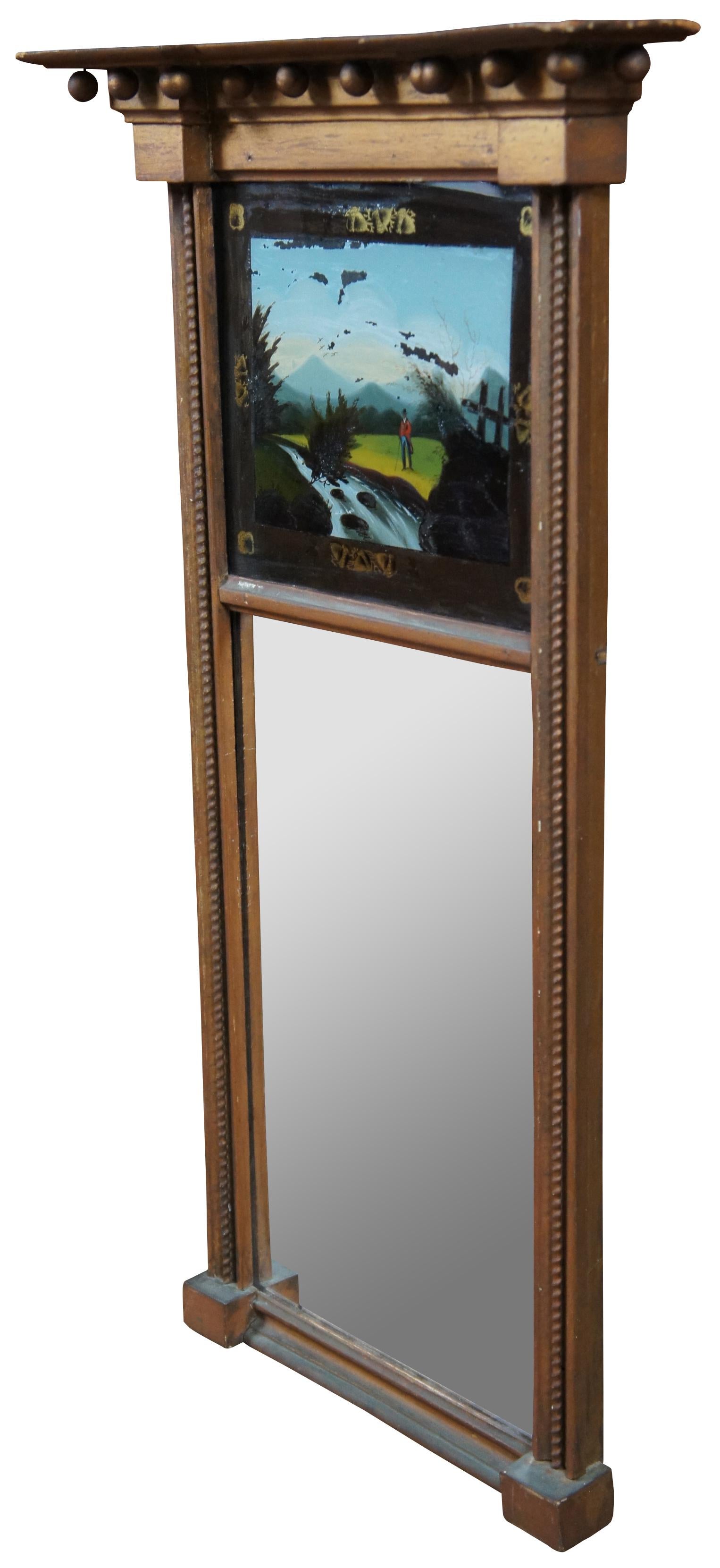 Antique Federal Giltwood Trumeau Pier Mirror Eglomise Reverse Painted Regency In Good Condition For Sale In Dayton, OH
