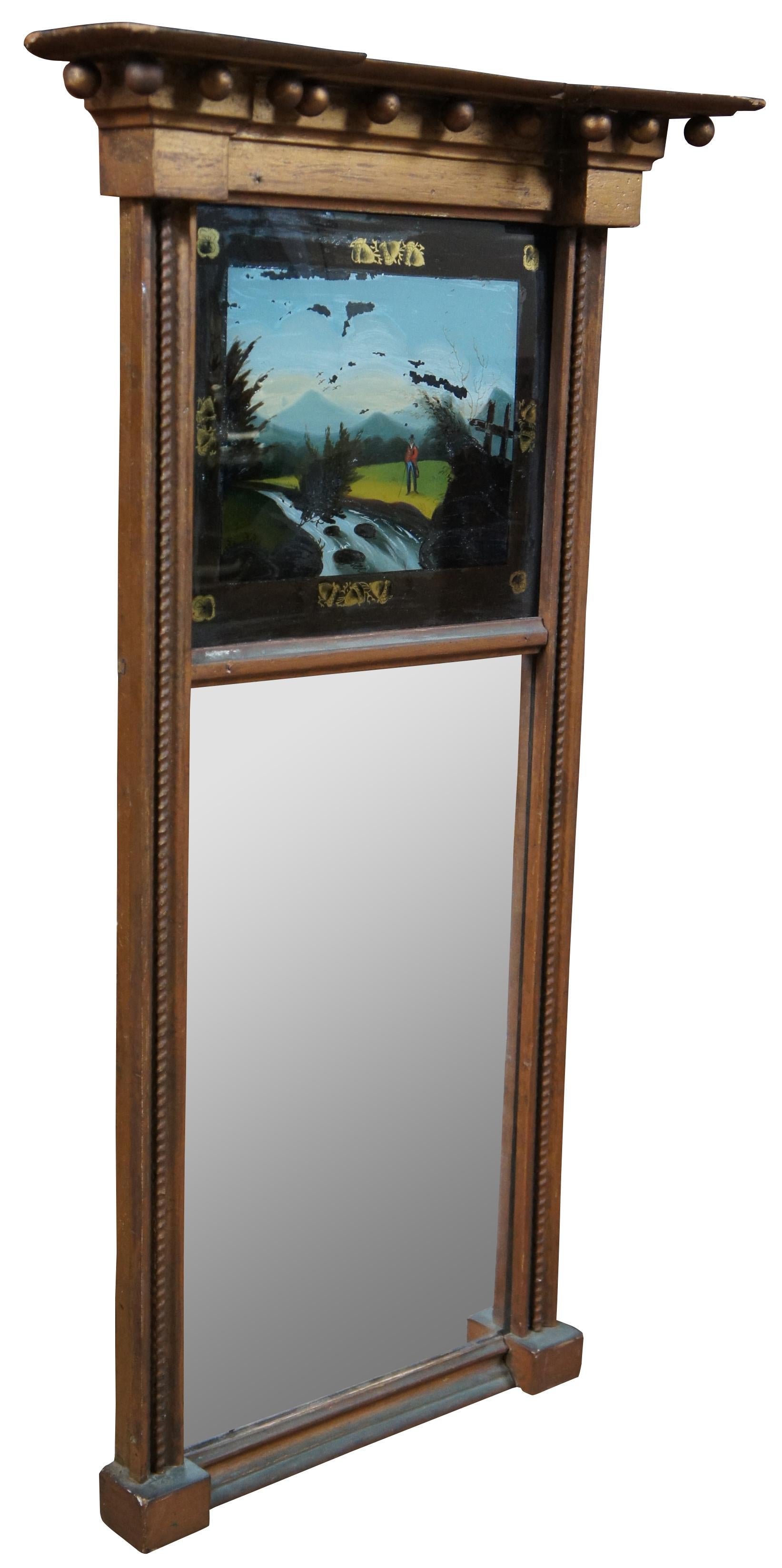 19th Century Antique Federal Giltwood Trumeau Pier Mirror Eglomise Reverse Painted Regency For Sale