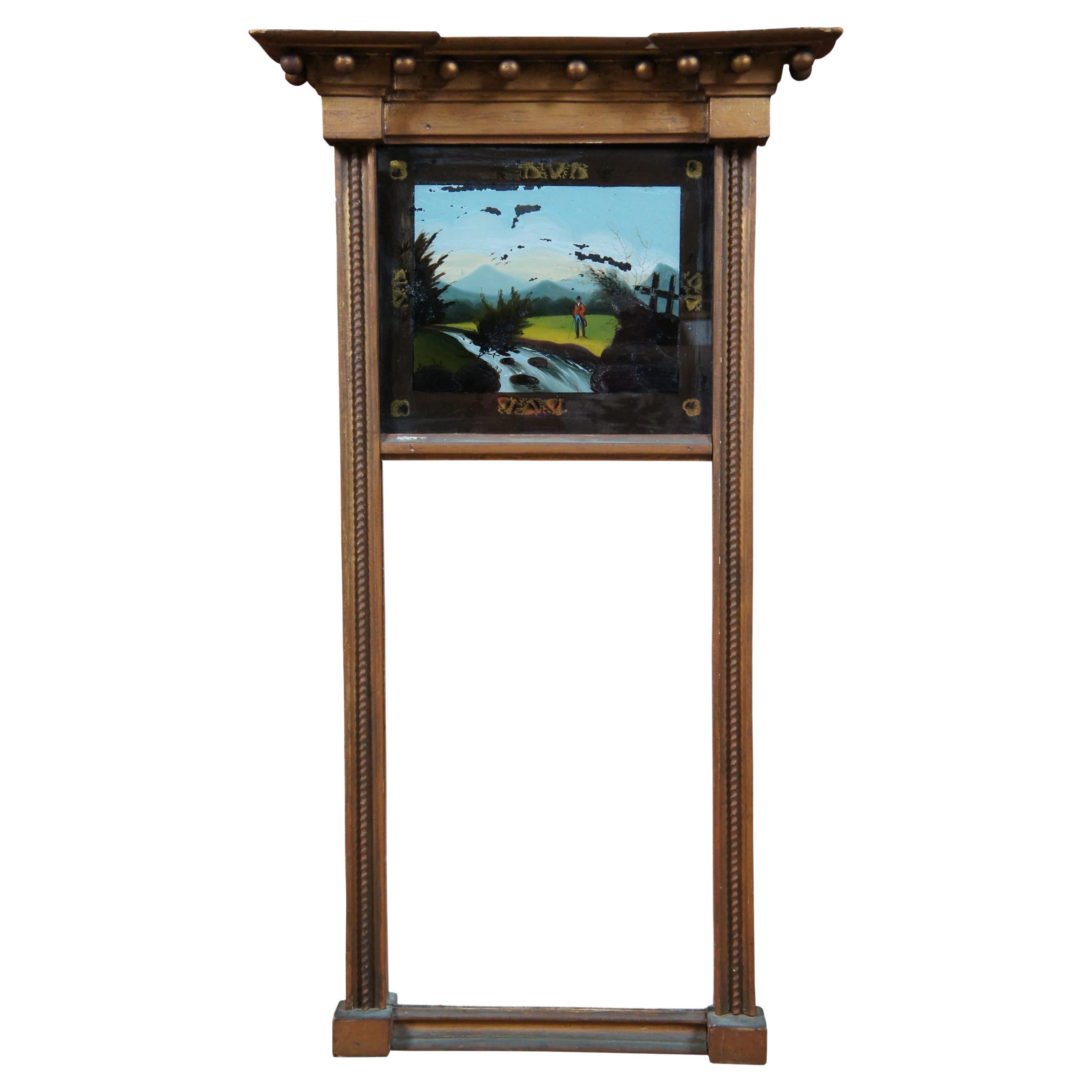 Antique Federal Giltwood Trumeau Pier Mirror Eglomise Reverse Painted Regency For Sale