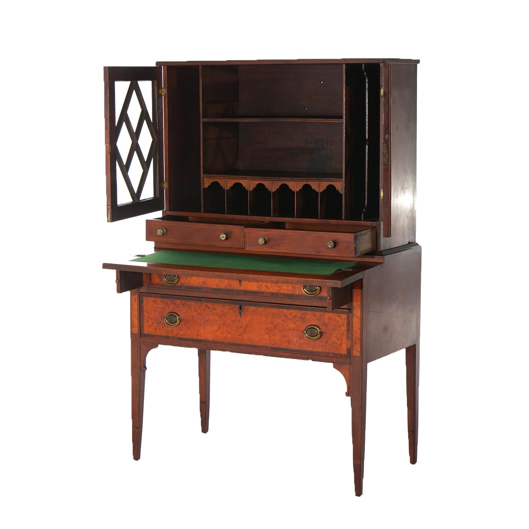 Antique Federal Hepplewhite Birdseye Maple & Mahogany Secretary Desk C1840 In Good Condition For Sale In Big Flats, NY