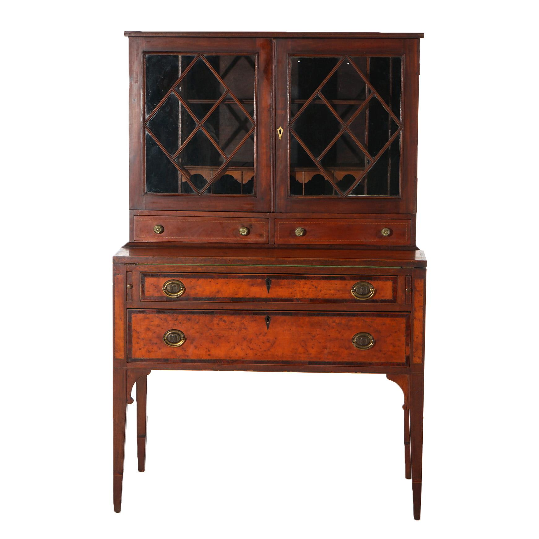 Antique Federal Hepplewhite Birdseye Maple & Mahogany Secretary Desk C1840 For Sale 2