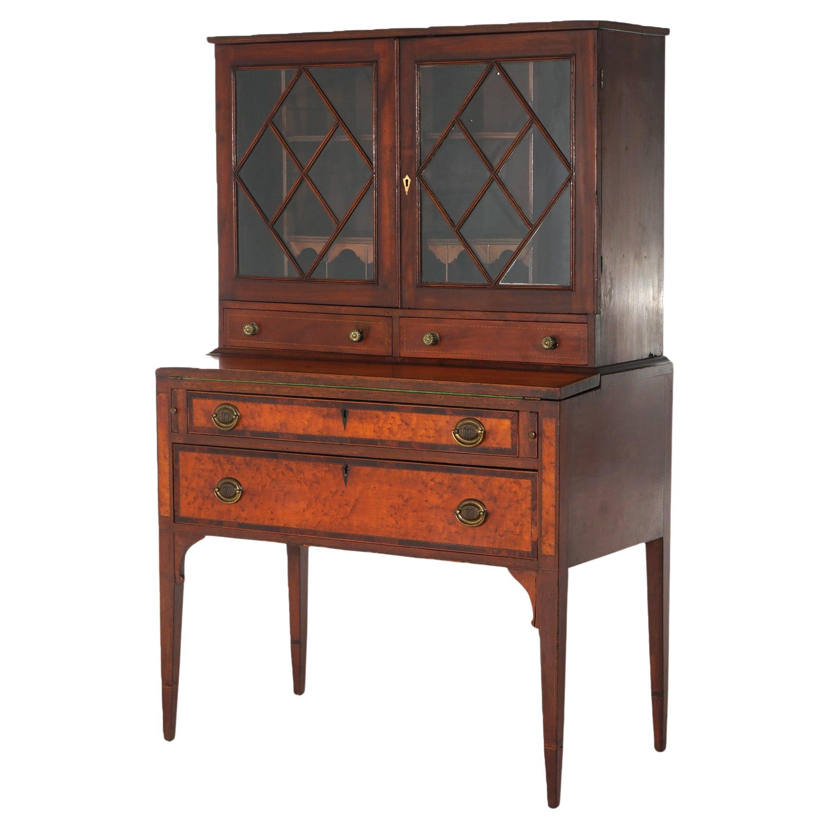 Antique Federal Hepplewhite Birdseye Maple & Mahogany Secretary Desk C1840 For Sale