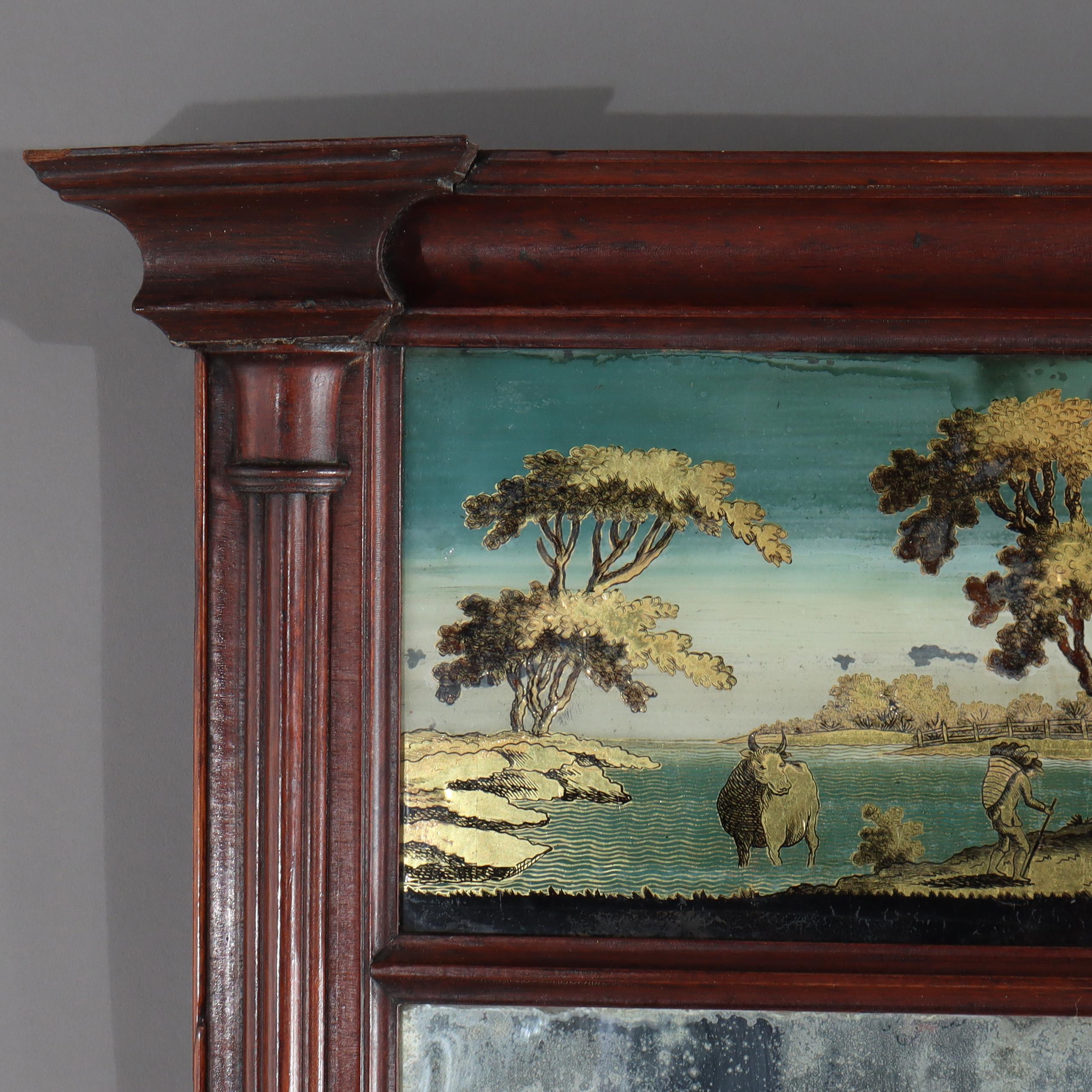 Specchio Antique Mirror in mogano impiallacciato con pannello di paesaggio englombizzato del 1830 ca. in vendita